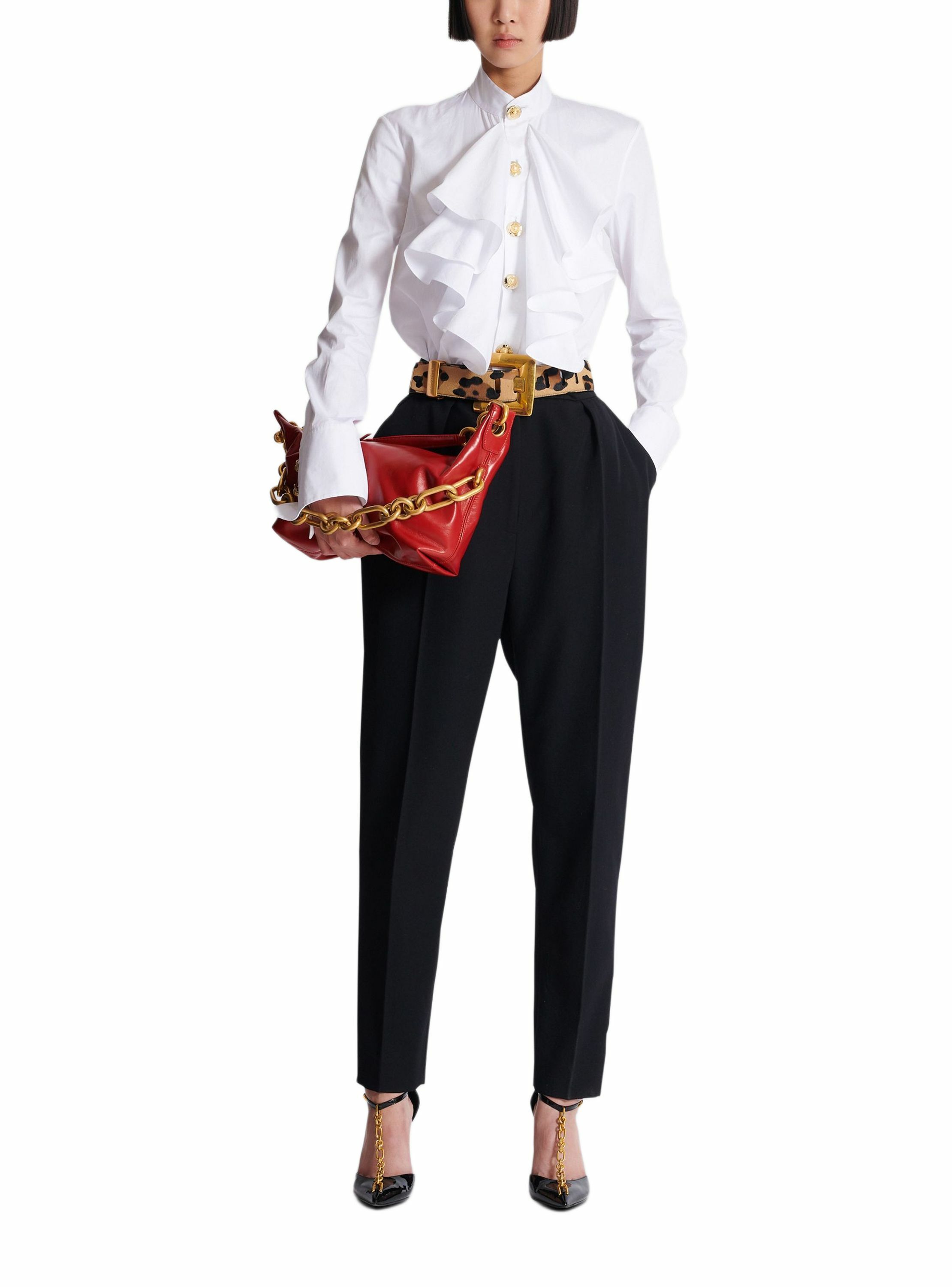 Chemise en popeline à volants BALMAIN Blanc