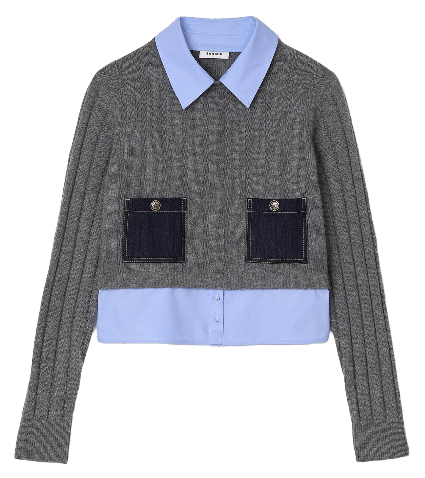 Pull col classique droit en laine et cachemire SANDRO Gris