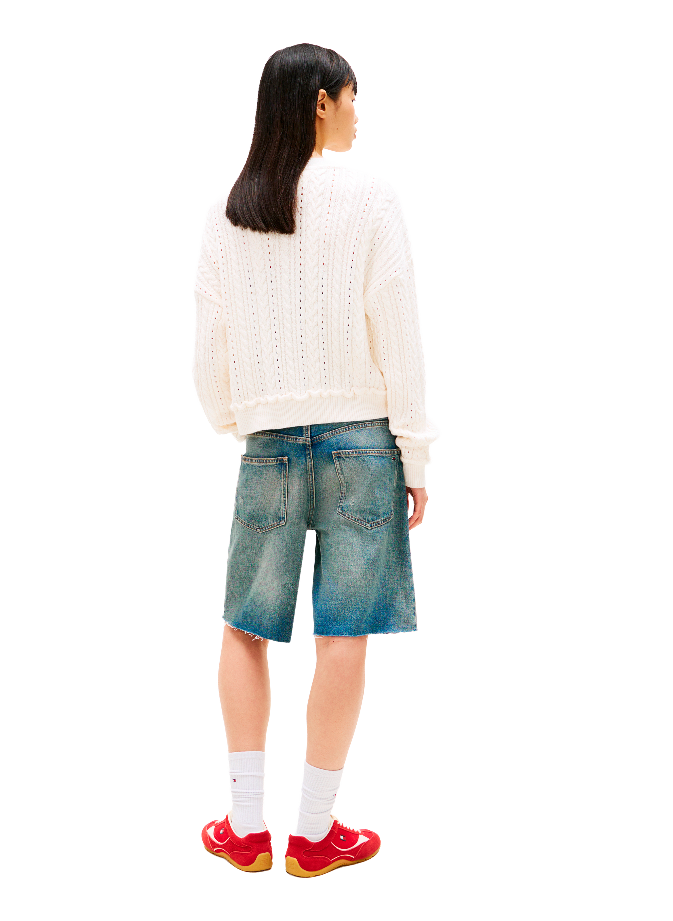 Cardigan coupe carrée en maille torsadée de coton TOMMY HILFIGER Beige