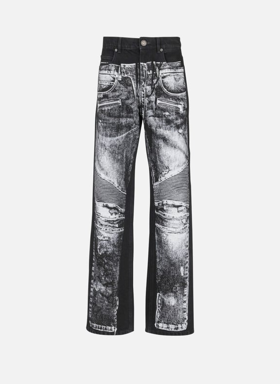 Jean loose en denim imprimé trompe-l'œil biker Noir by BALMAIN BALMAIN Jean loose en denim imprimé trompe-l'œil biker Noir