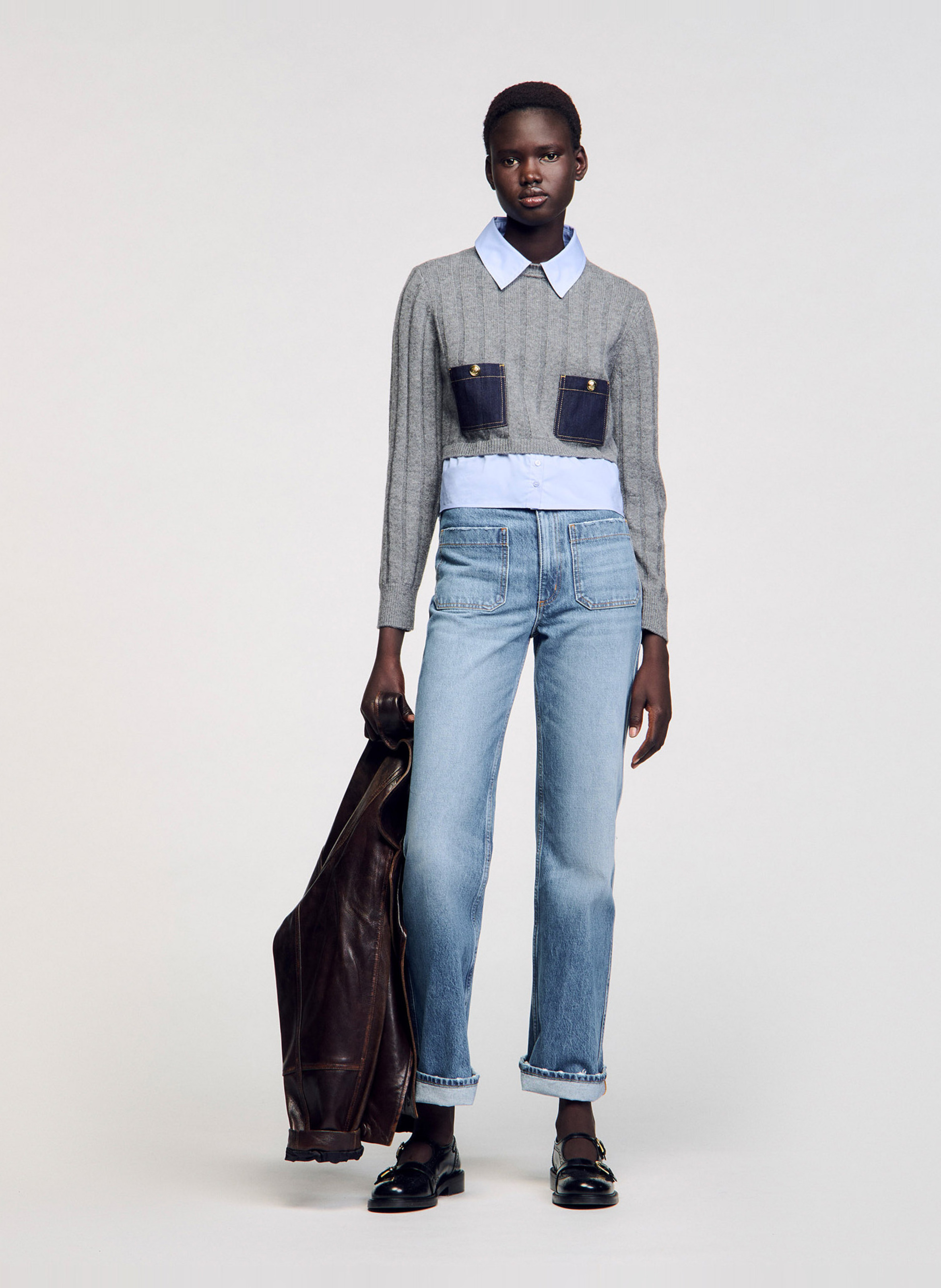 Pull col classique droit en laine et cachemire SANDRO Gris