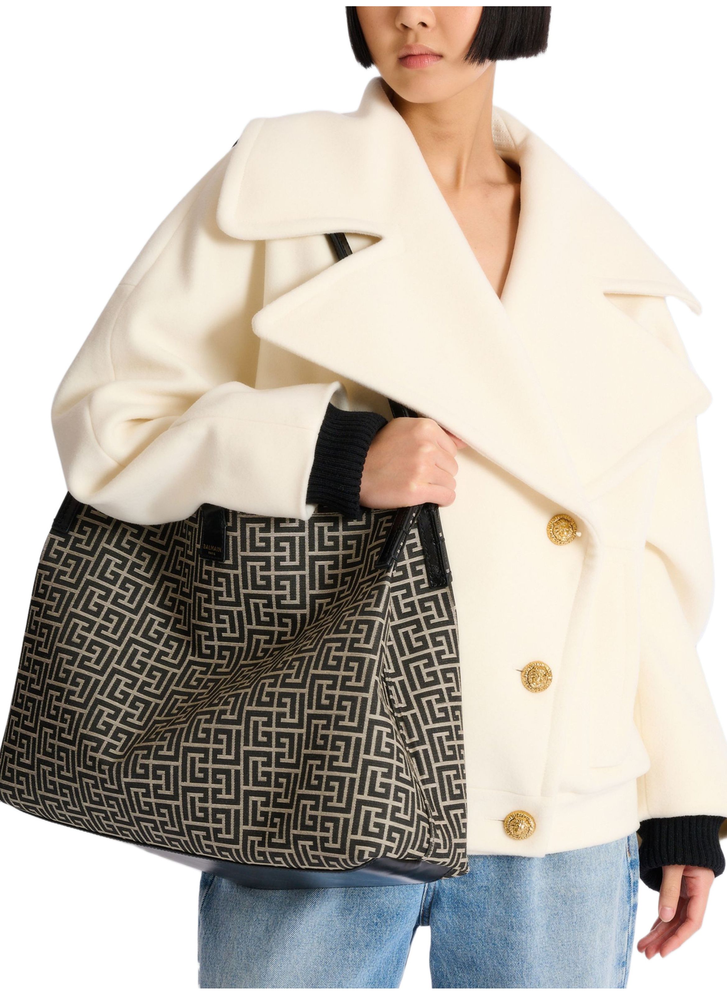 Sac shopper release medium en jacquard monogramme et cuir de veau BALMAIN Noir