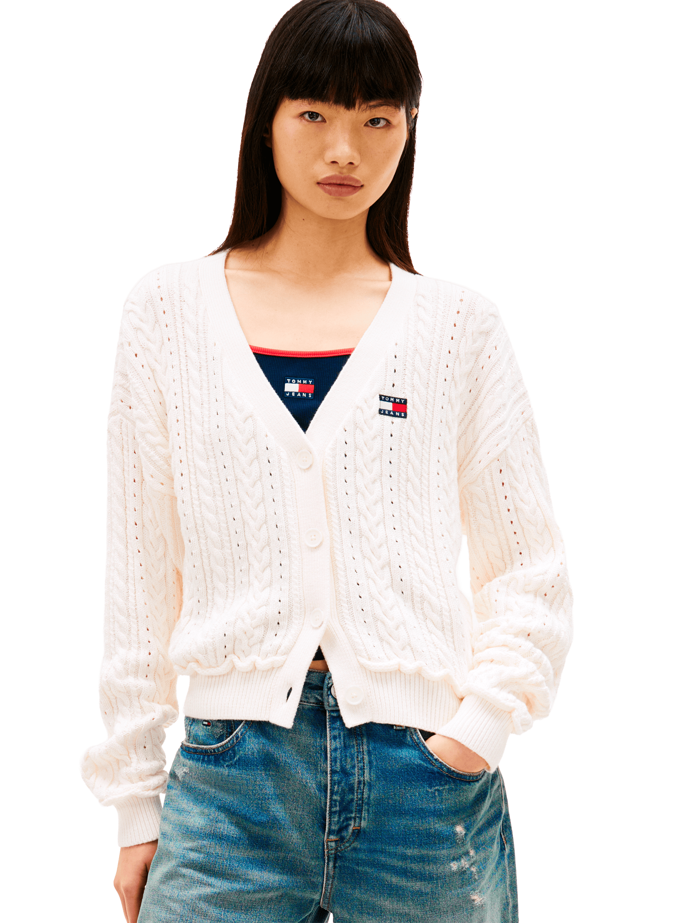 Cardigan coupe carrée en maille torsadée de coton TOMMY HILFIGER Beige