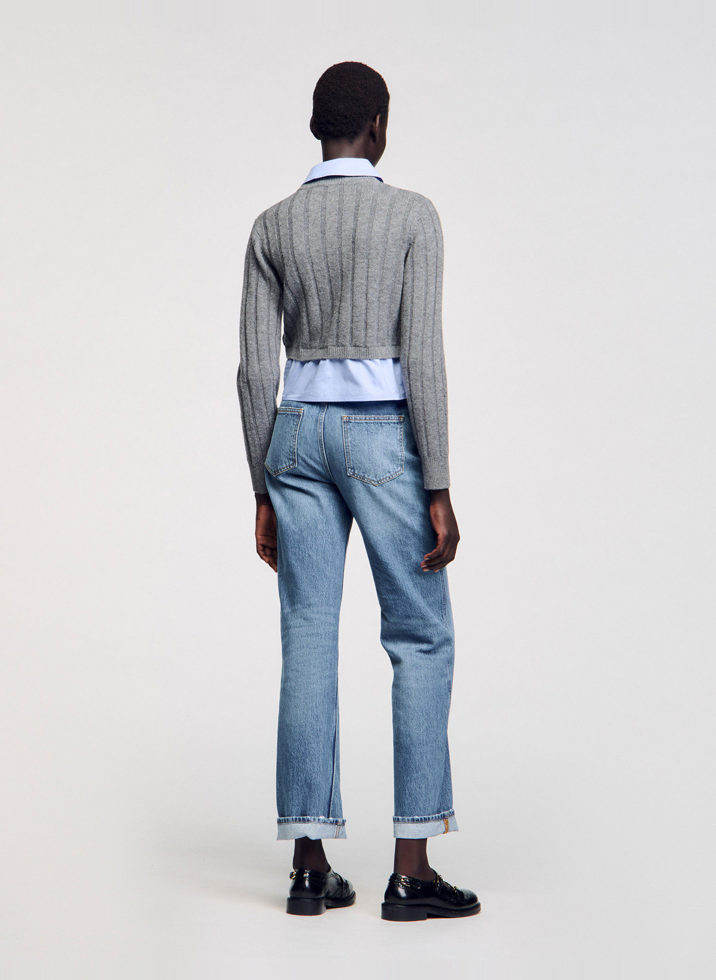 Pull col classique droit en laine et cachemire SANDRO Gris