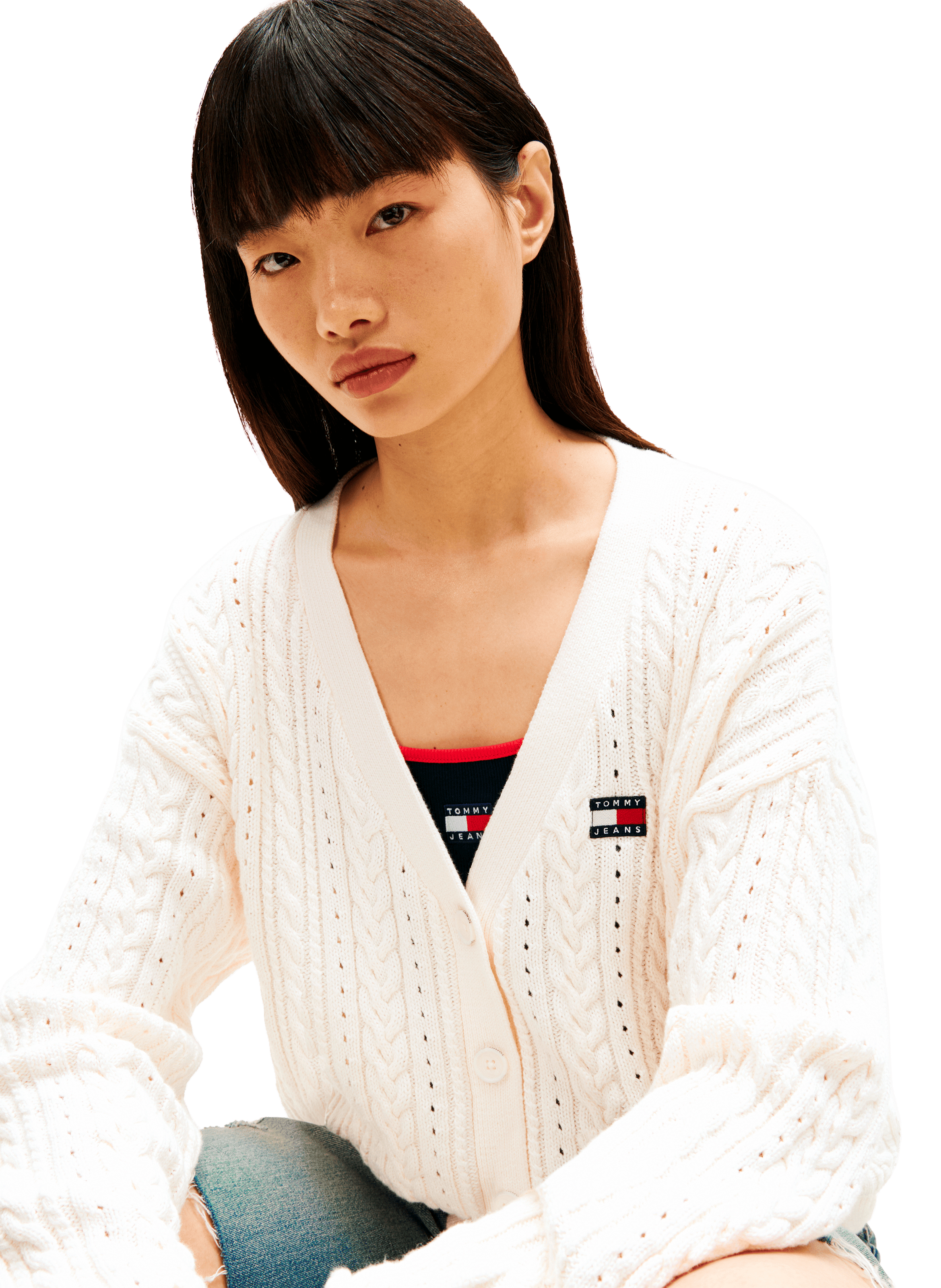 Cardigan coupe carrée en maille torsadée de coton TOMMY HILFIGER Beige