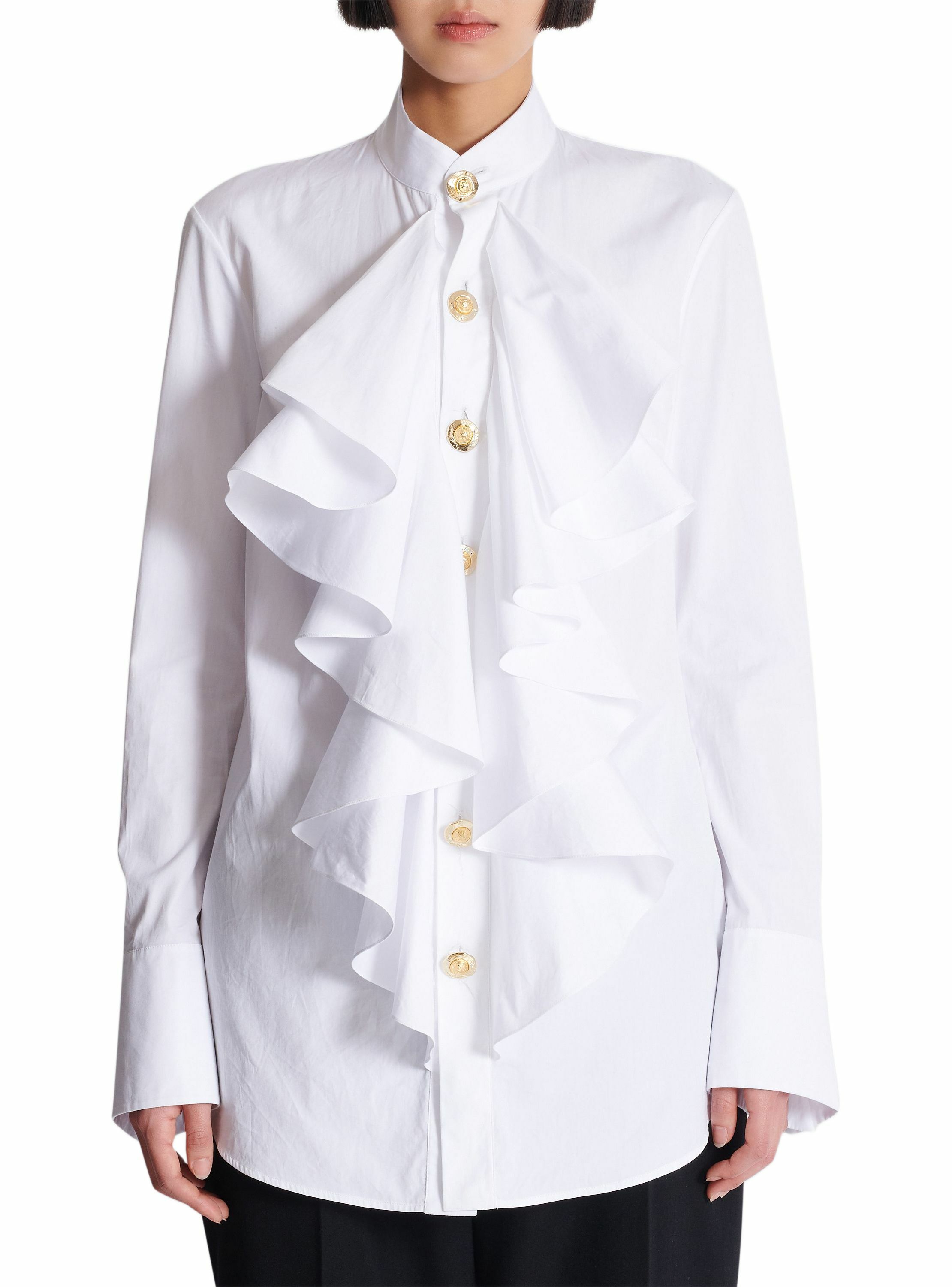 Chemise en popeline à volants BALMAIN Blanc