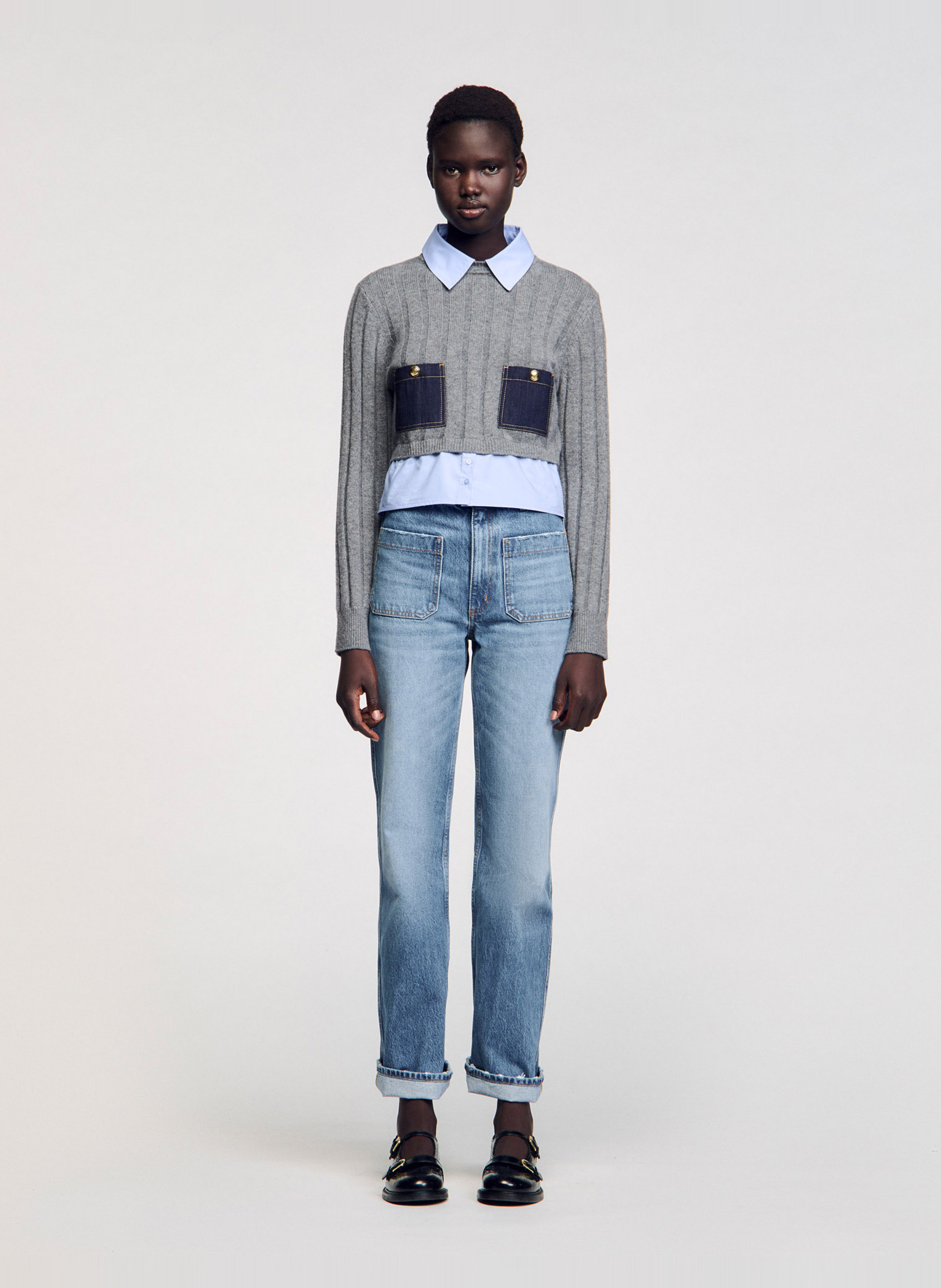 Pull col classique droit en laine et cachemire SANDRO Gris