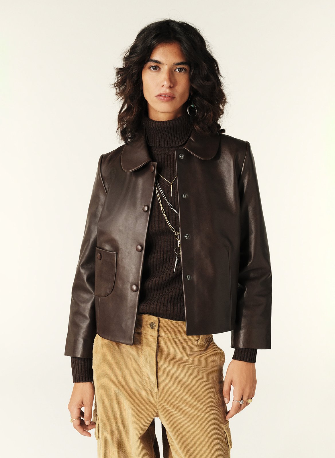 Veste col claudine en cuir milos BA&SH Marron