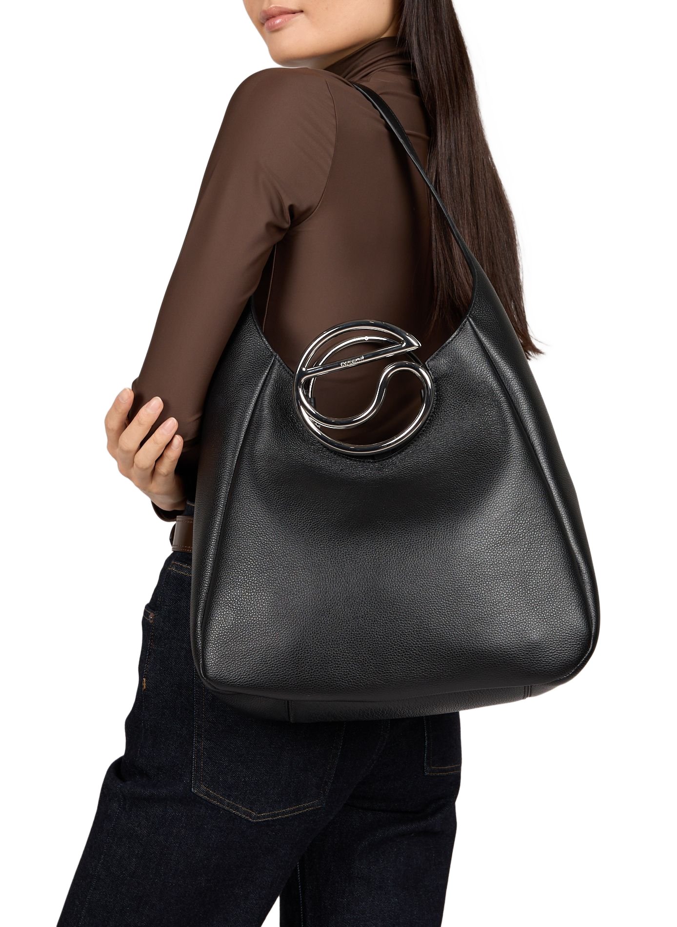 Borsa a mano con dettaglio logo metallico in pelle martellata COPERNI Nero