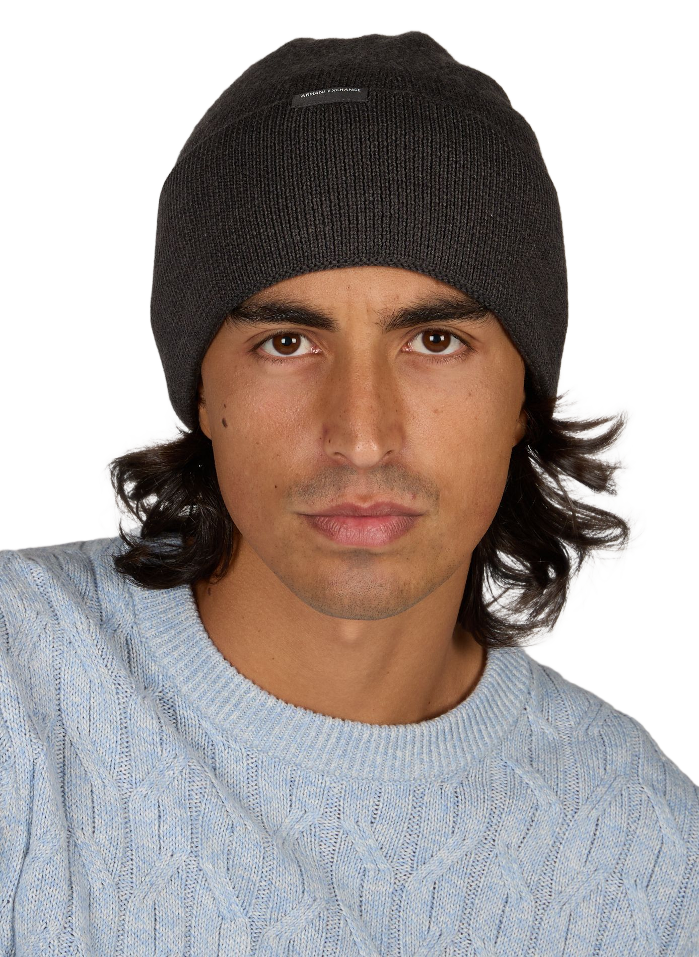 Beanie with wide folded cuff in virgin wool and cotton blend ARMANI EXCHANGE Brown