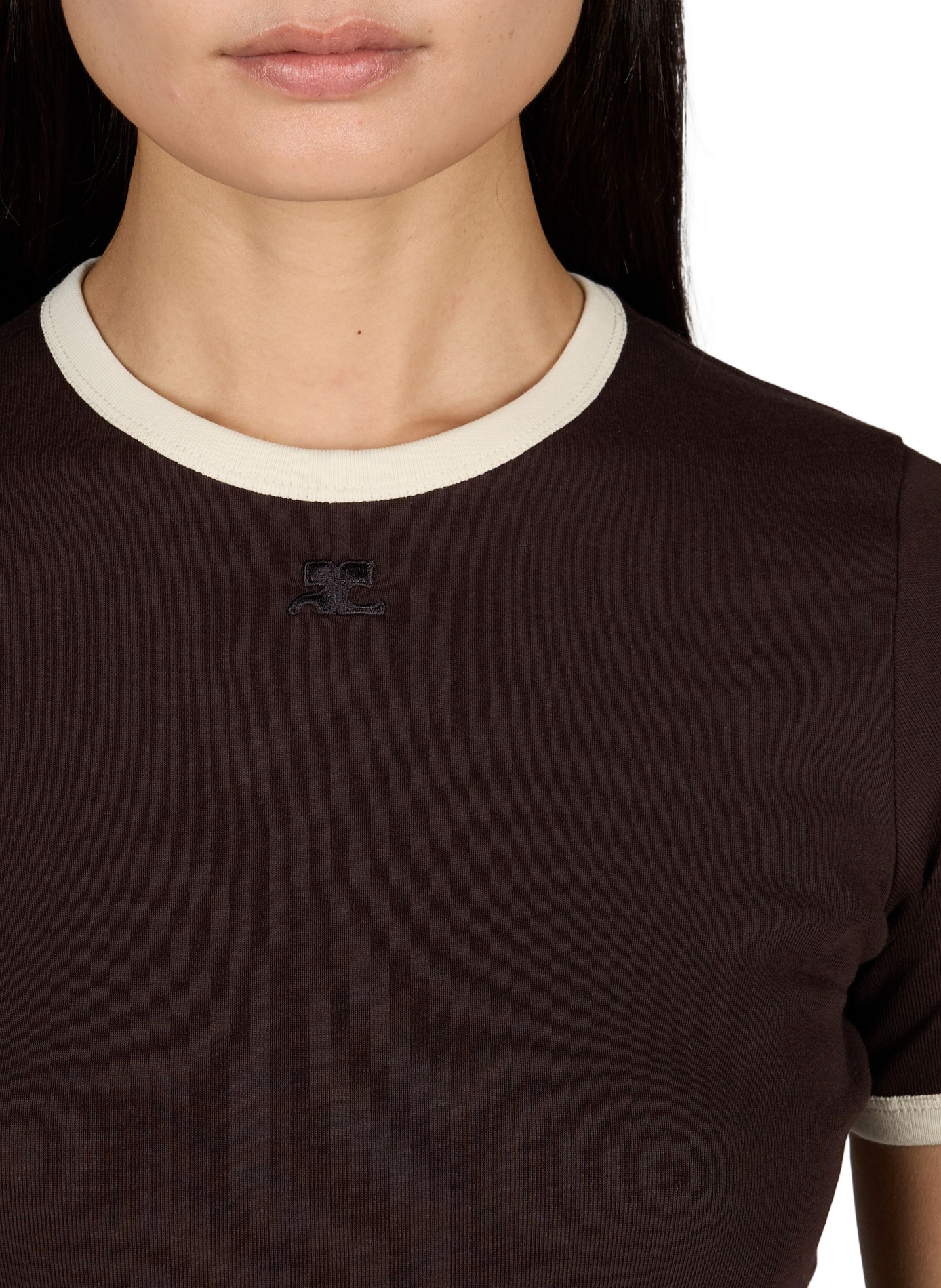 T-shirt Signature recht met contrast ronde hals in katoen COURRÈGES Bruin