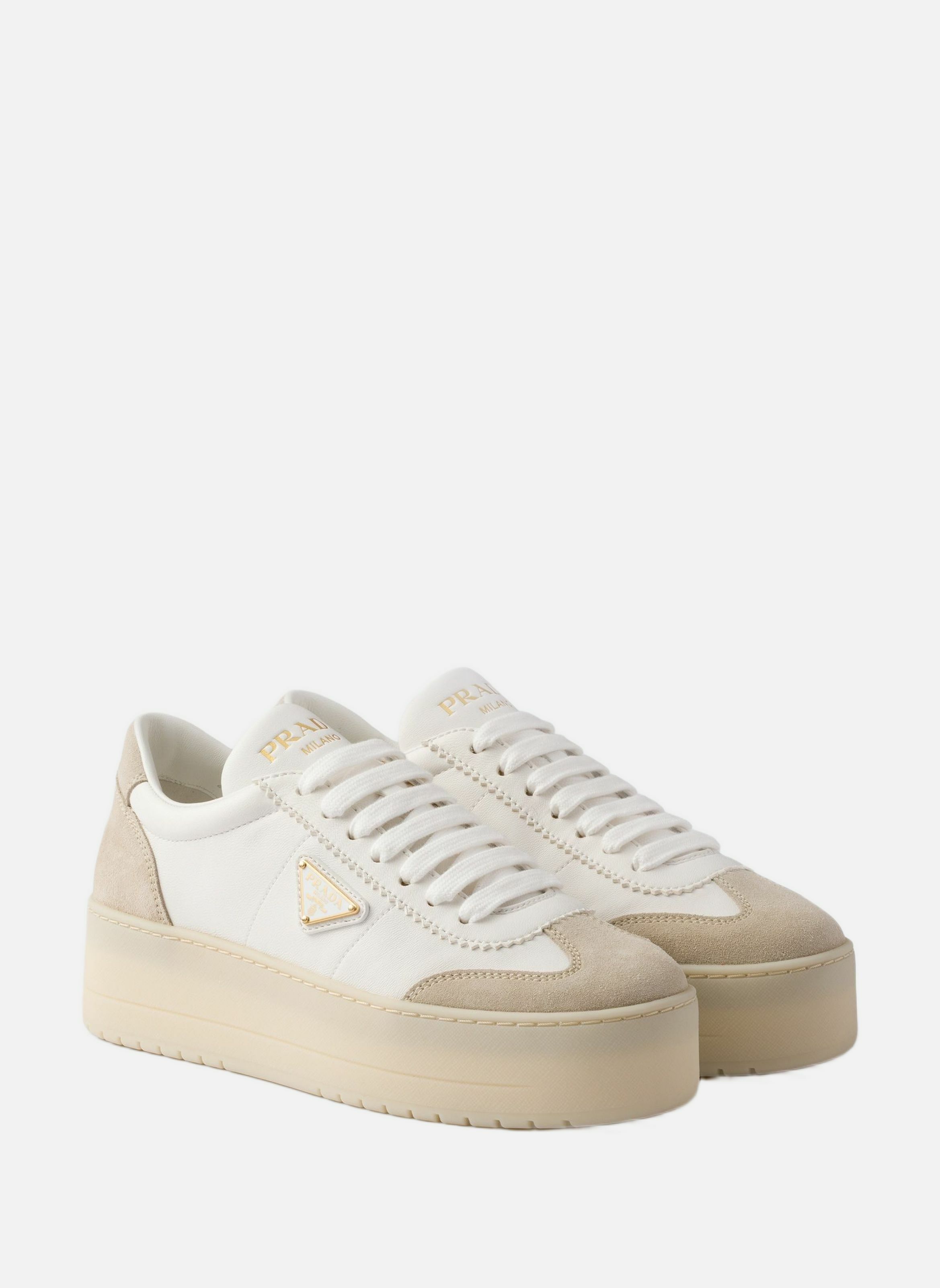 Sneakers downtown bold en cuir nappa et veau velou PRADA Blanc