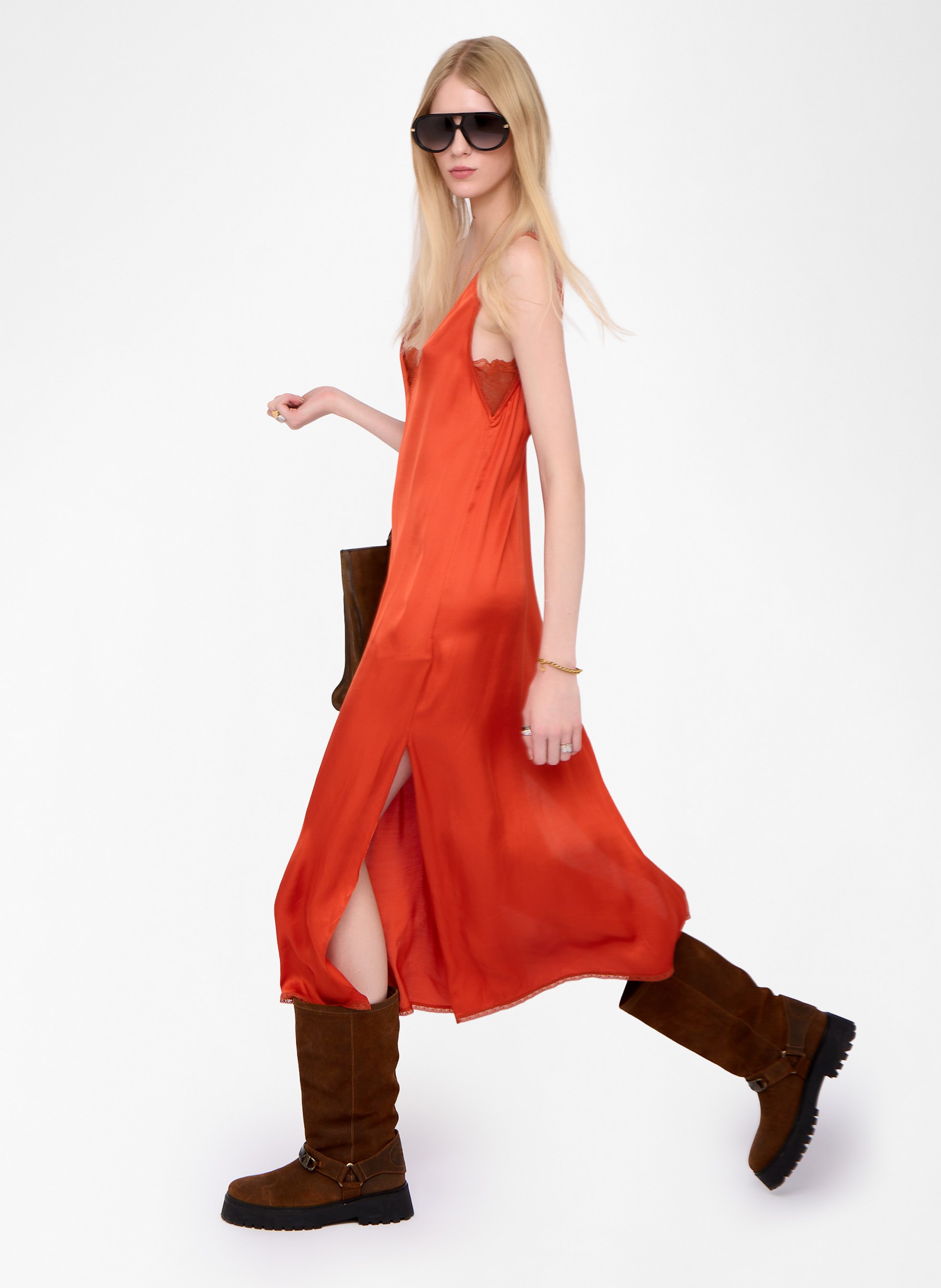 Robe midi fendue à détails dentelle renzo ZADIG&VOLTAIRE Orange