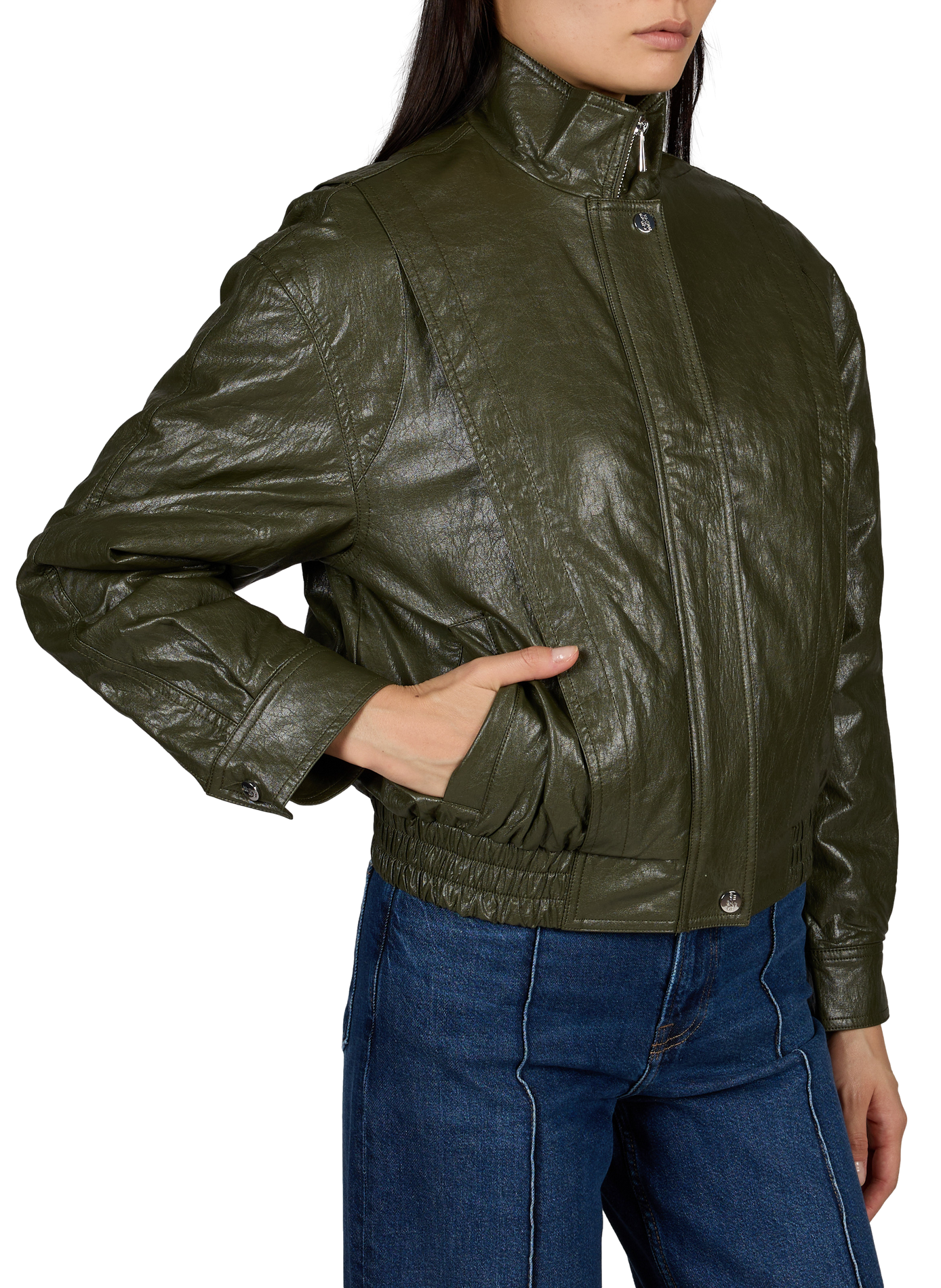 Oversized Greta jacket with high collar in faux leather BERENICE Khaki