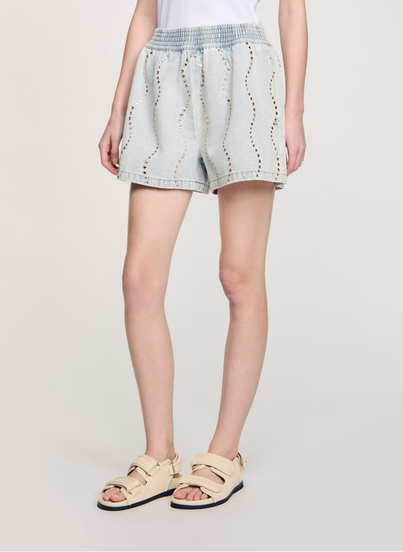 Short jean strassé en coton Bleu by SANDRO SANDRO Short jean strassé en coton Bleu