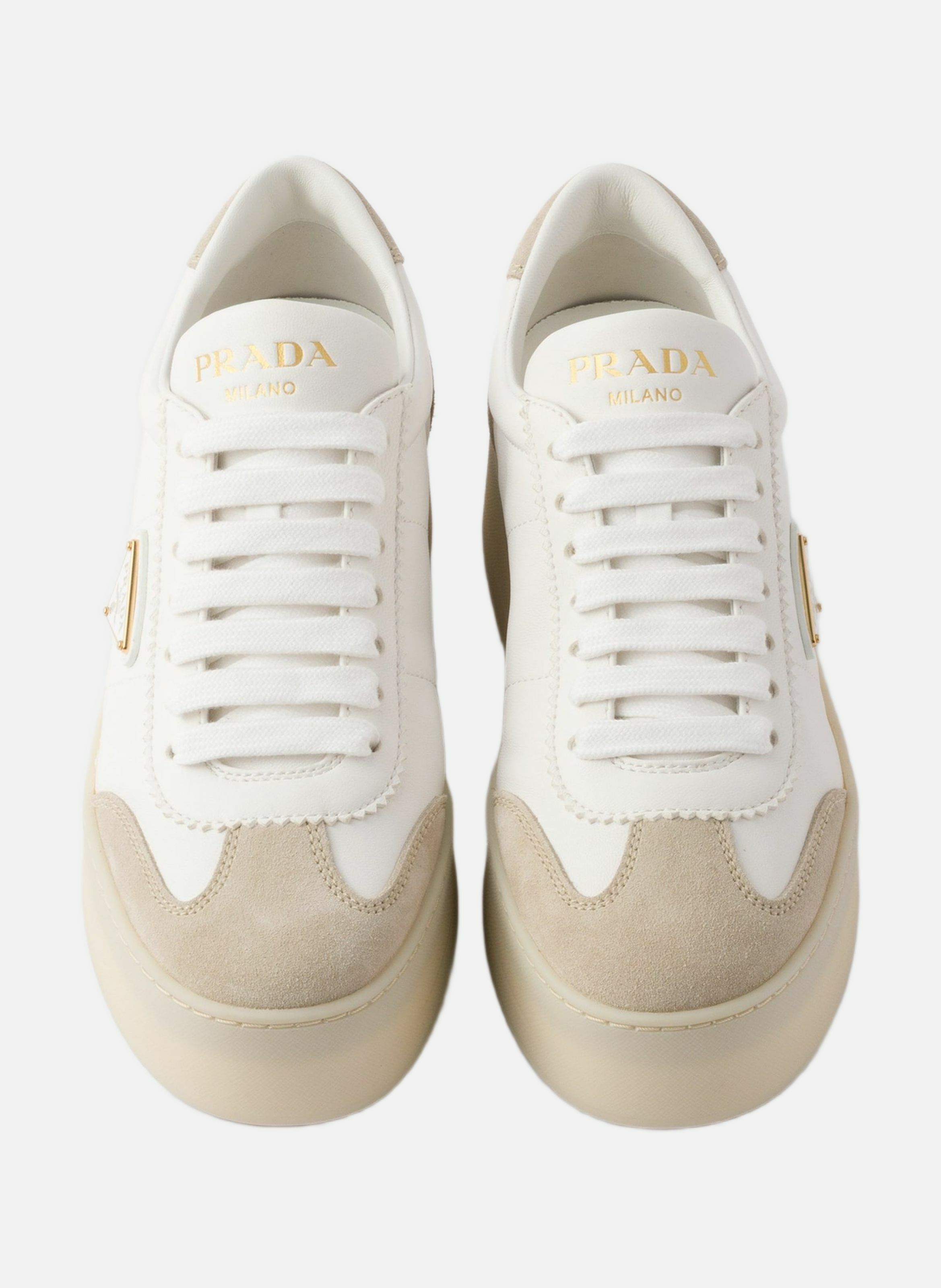 Sneakers downtown bold en cuir nappa et veau velou PRADA Blanc