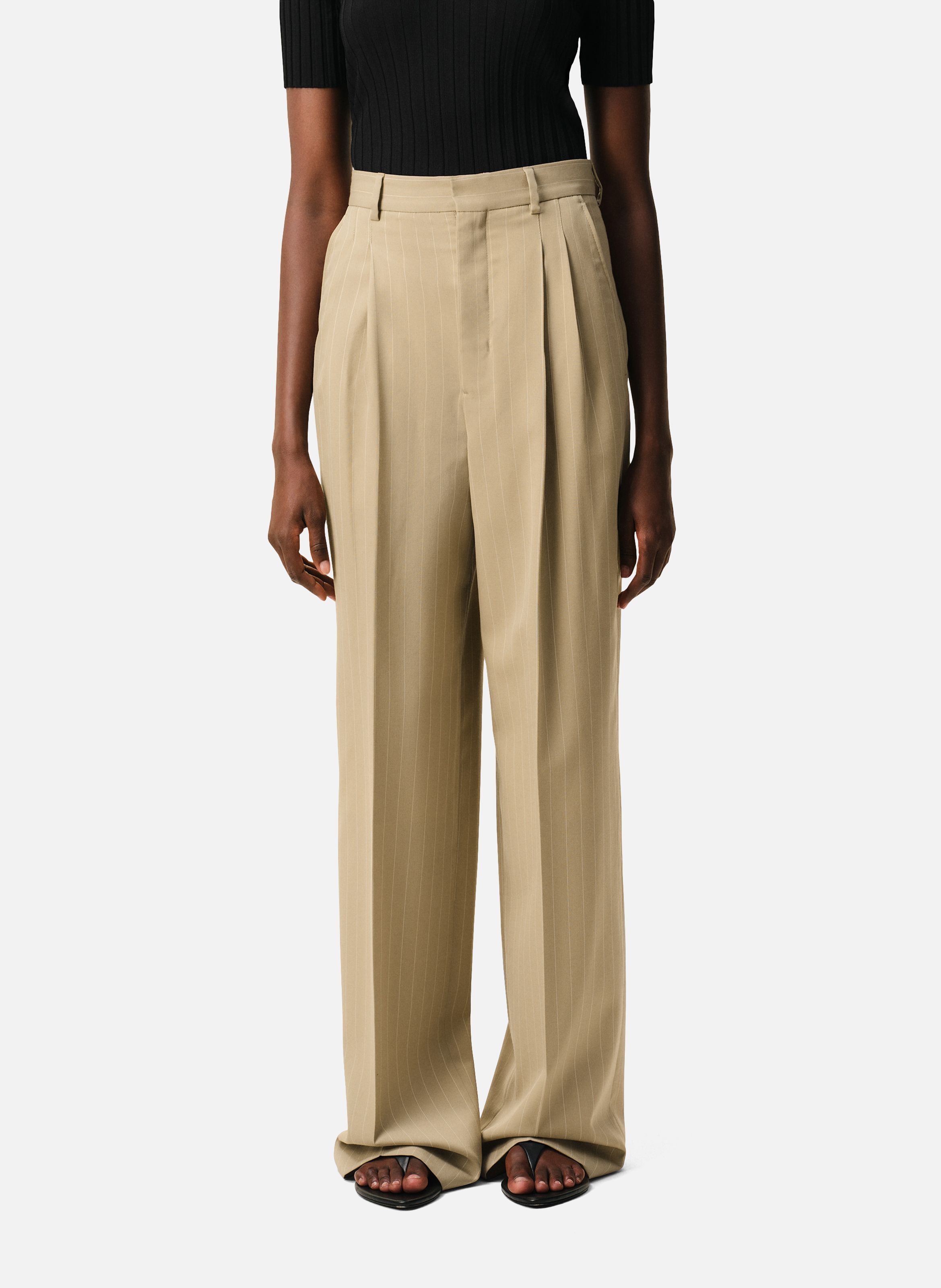 Pantalon large taille haute en laine vierge AMI PARIS Beige