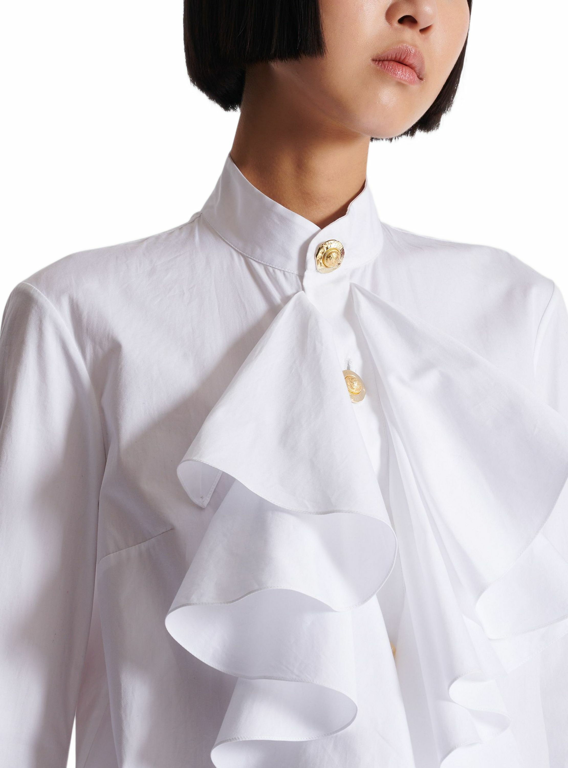 Chemise en popeline à volants BALMAIN Blanc