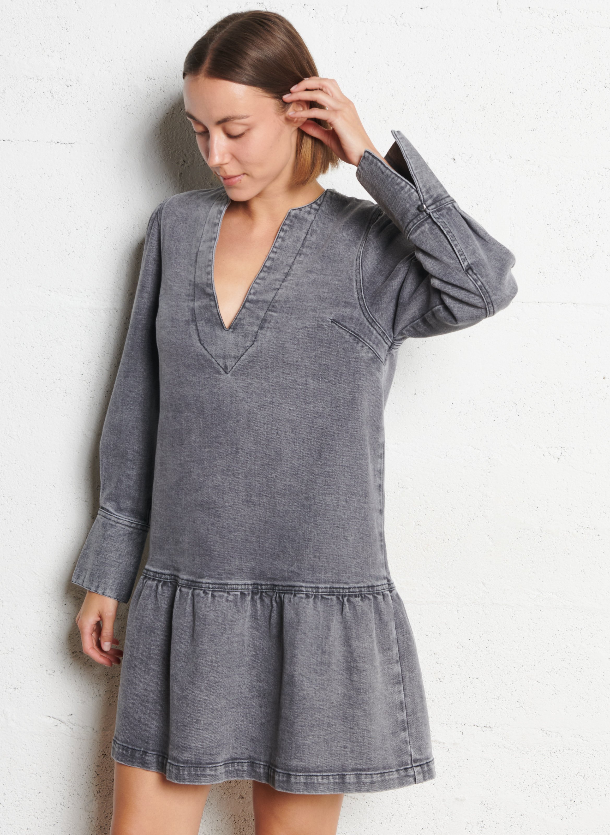 Robe courte col tunsien en jean IKKS Gris