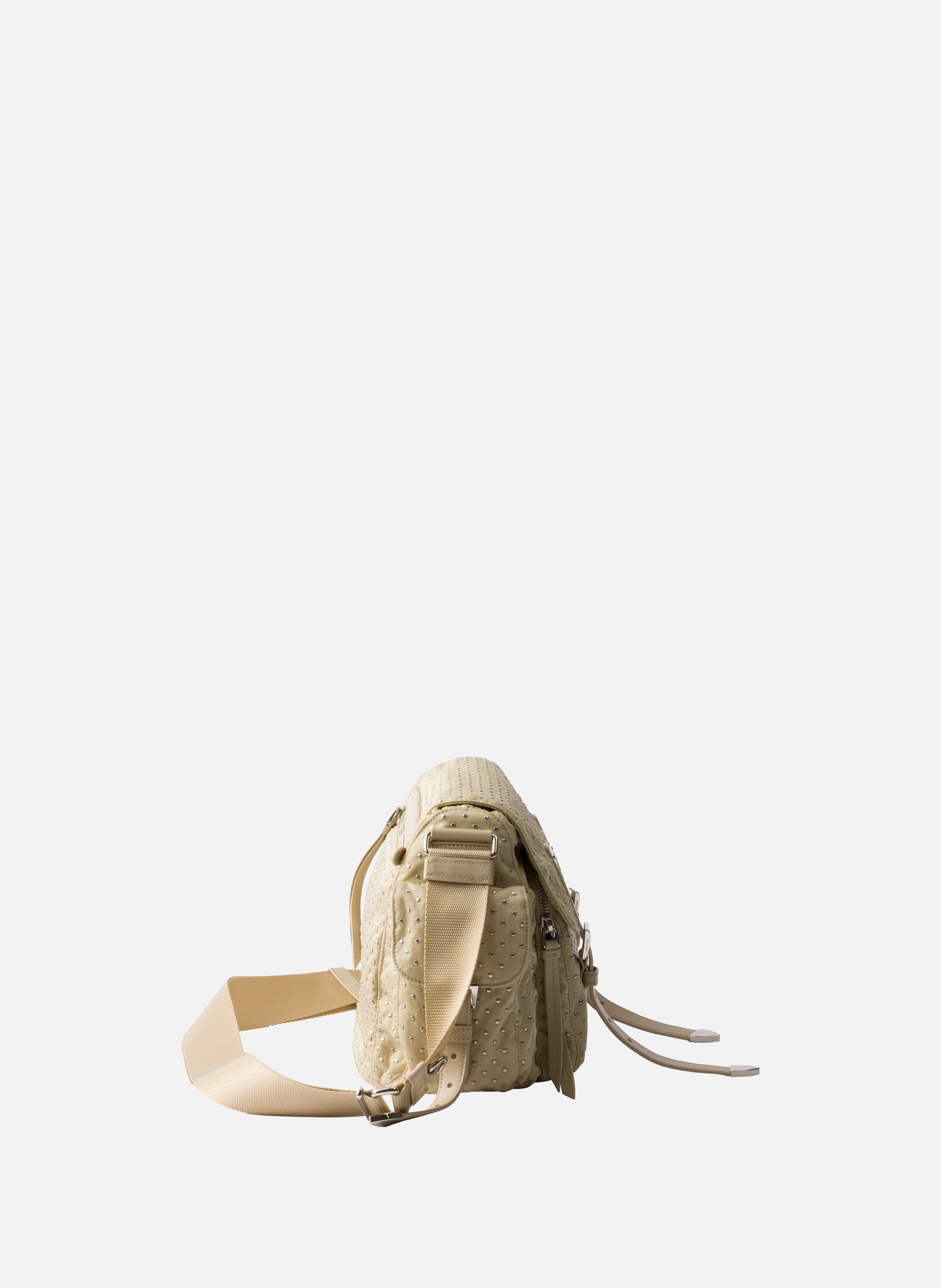 Sac à bandoulière en re-nylon avec clous PRADA Beige