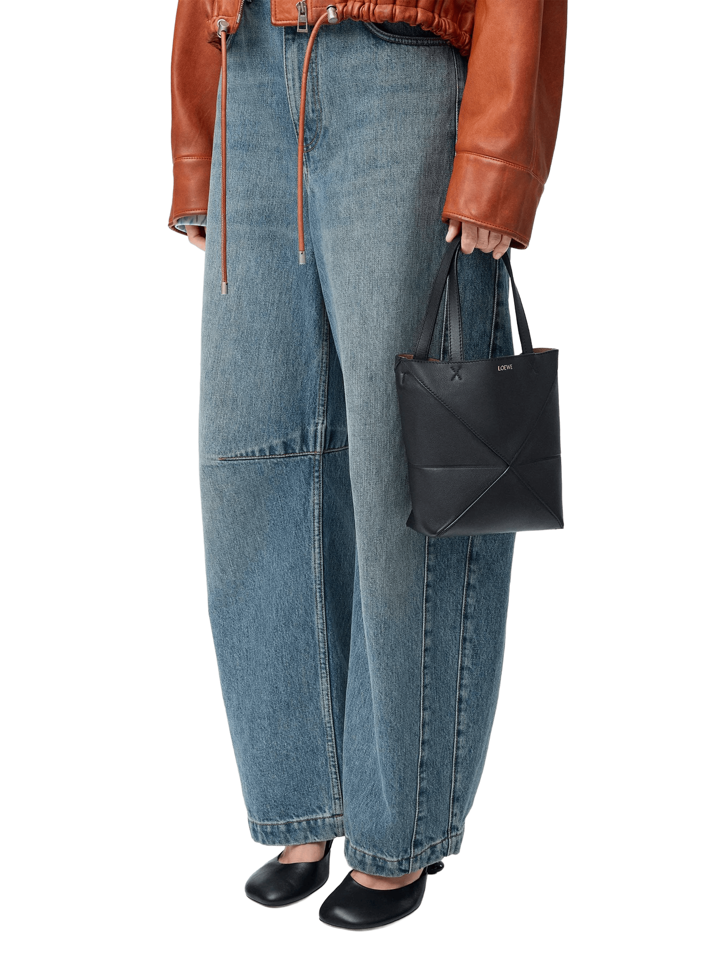 Mini Puzzle Fold Glossy Calf Leather Tote LOEWE Black