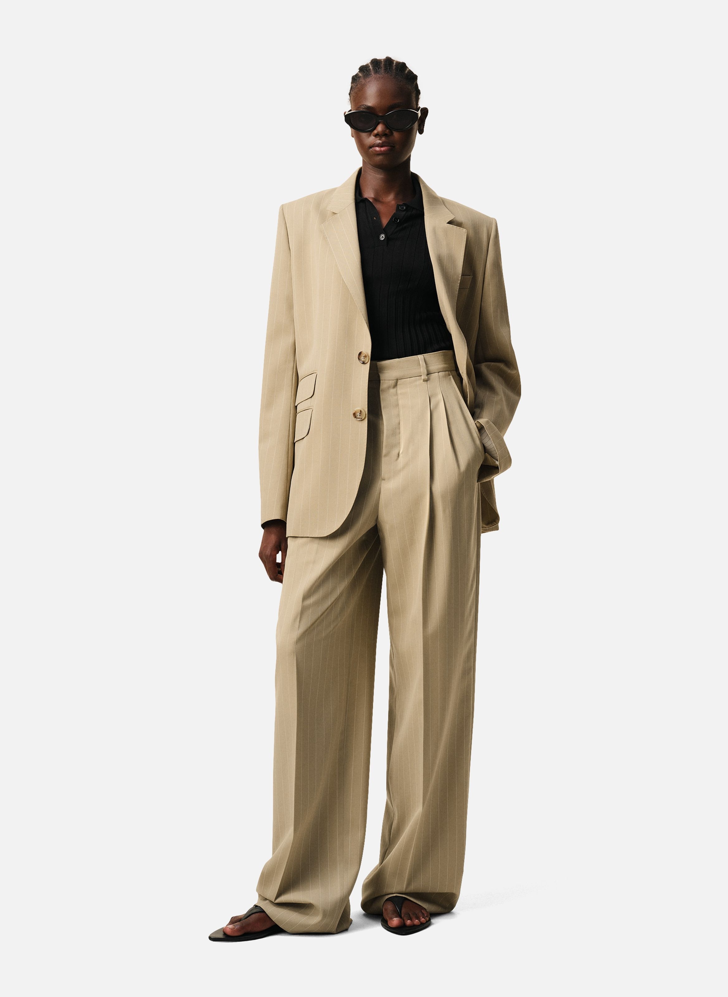 Pantalon large taille haute en laine vierge AMI PARIS Beige