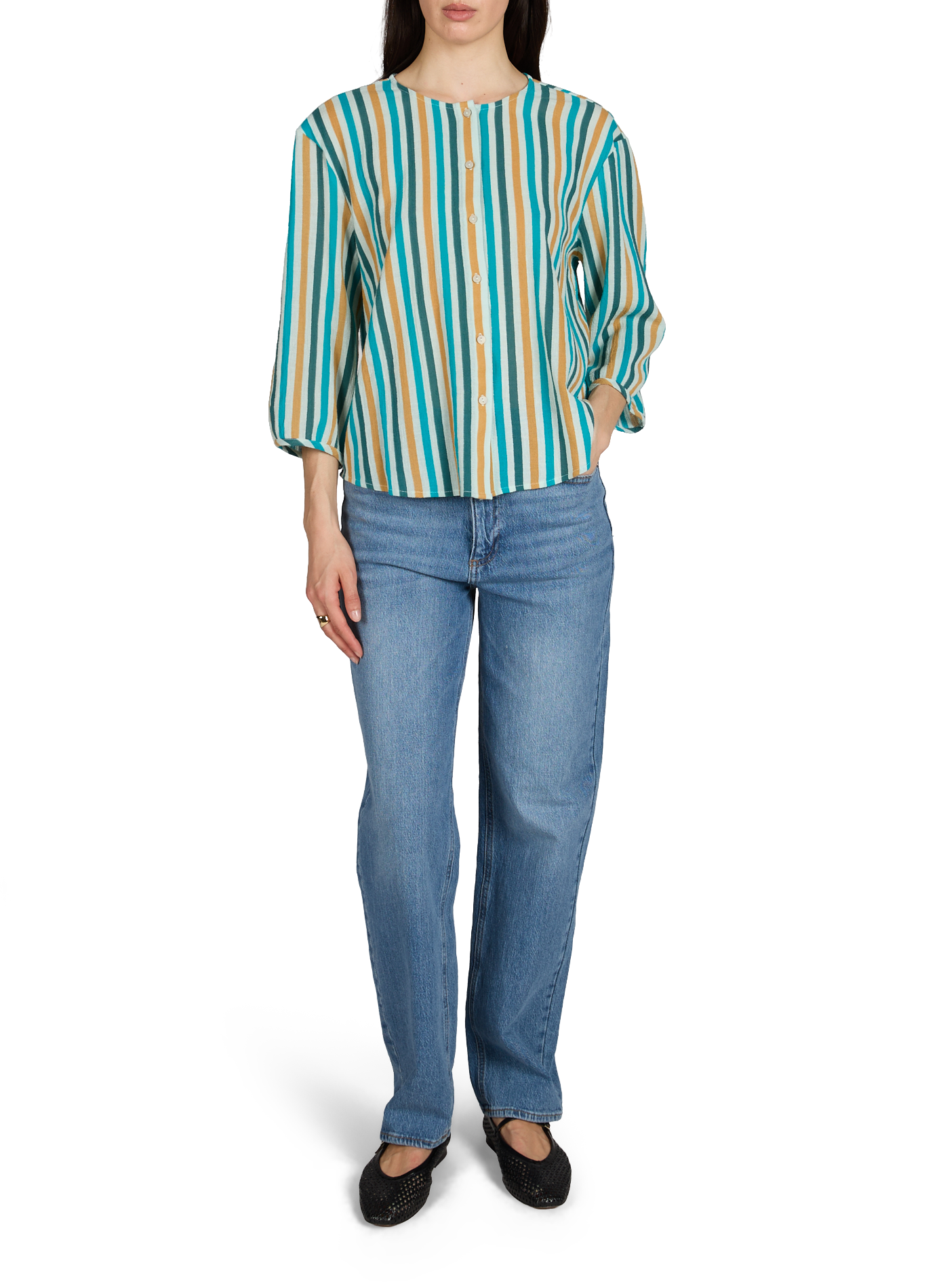 Top a righe con bottoni in cotone VILA Beige