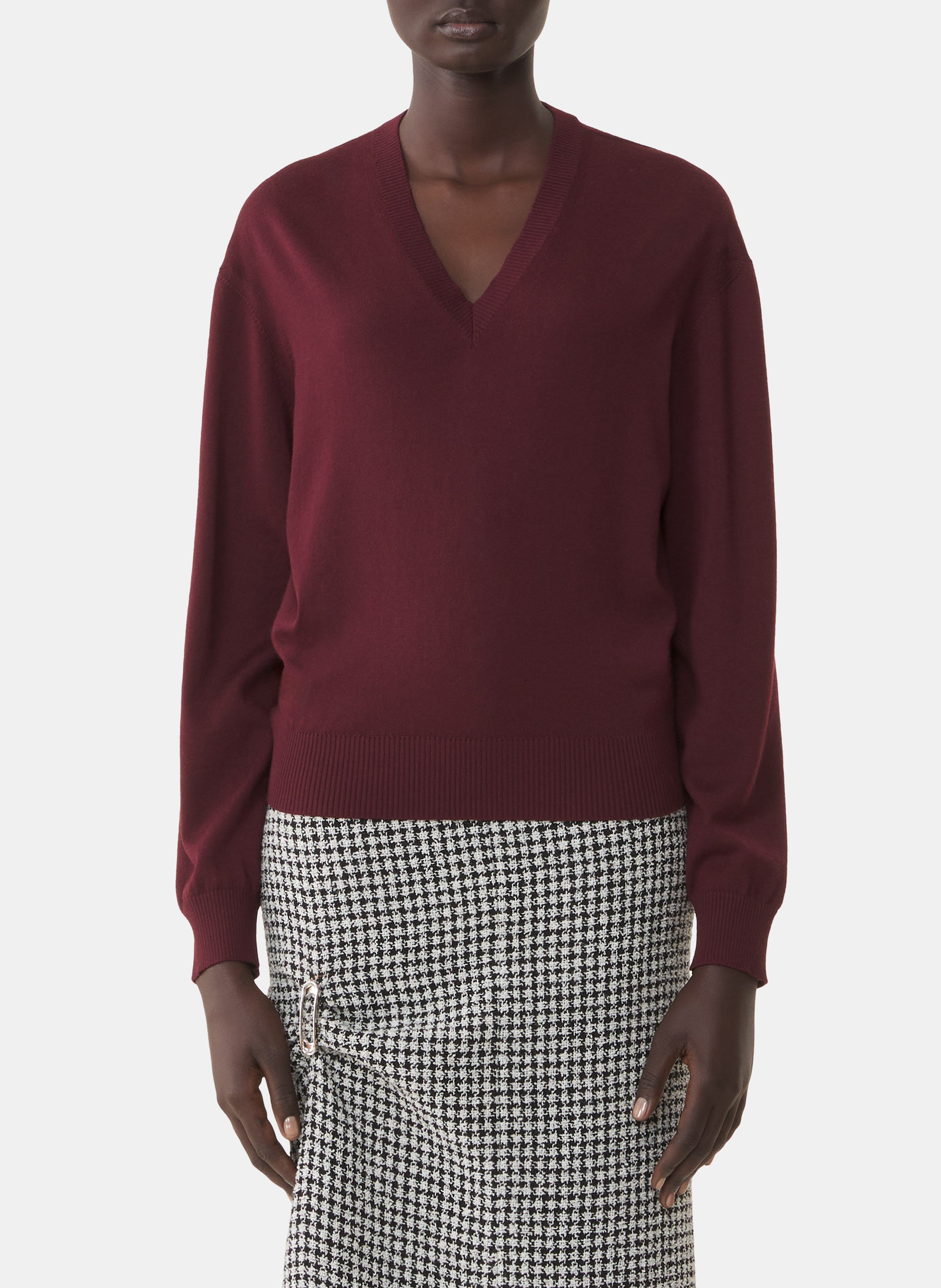 Pull col v détail gros grain en mérinos LANVIN Rouge