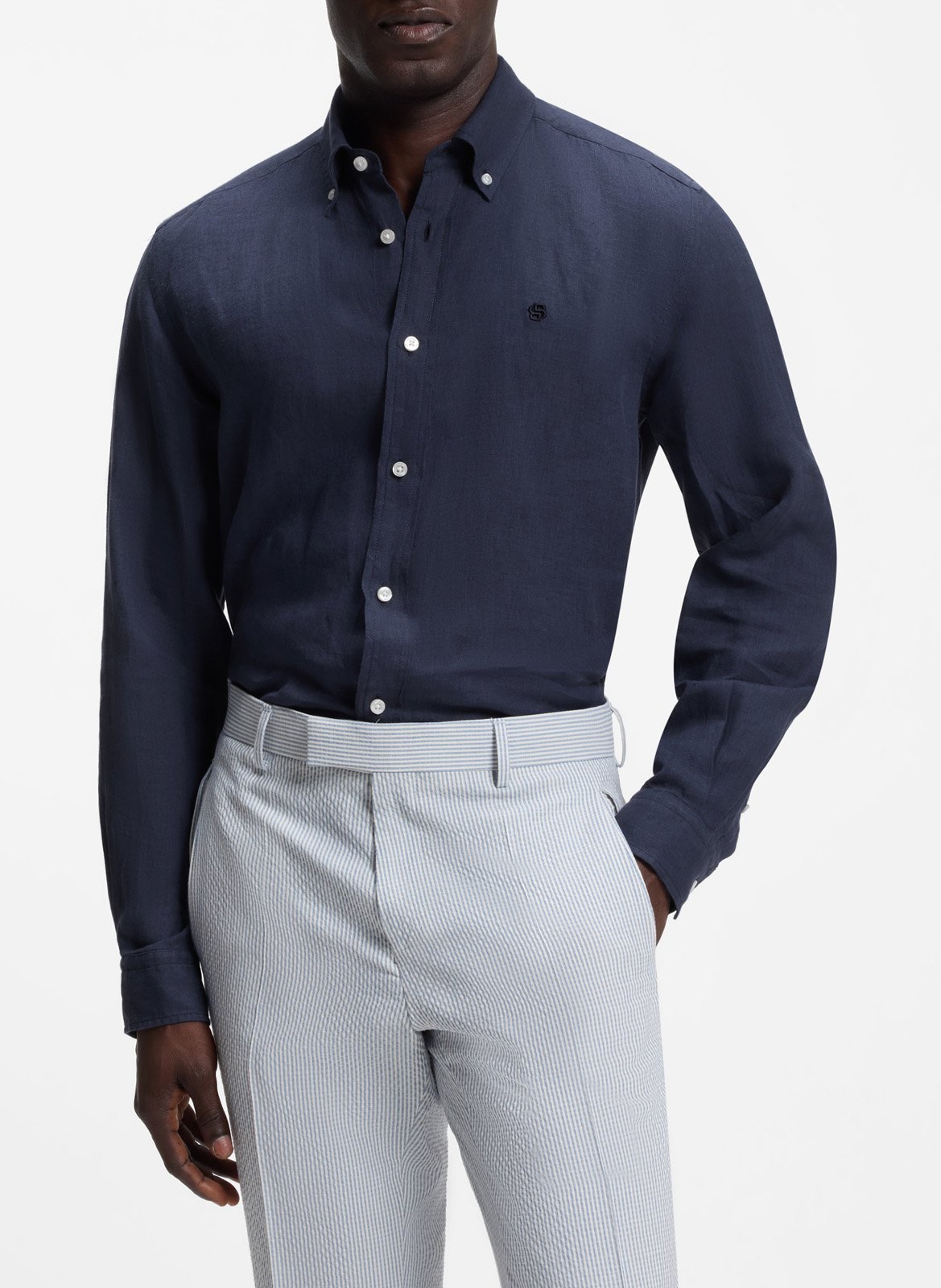 Chemise en lin col classique BOSS Bleu