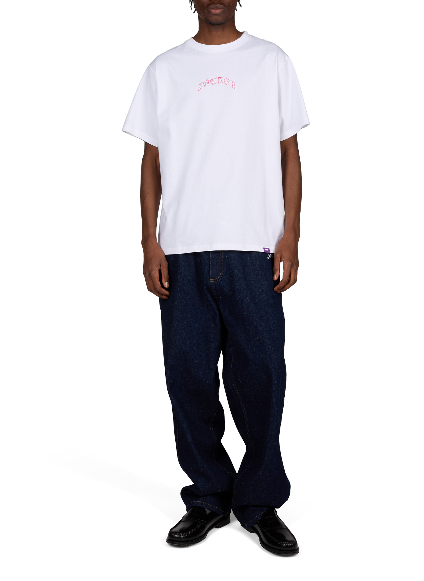 T-shirt col rond droit imprimé JACKER. Blanc