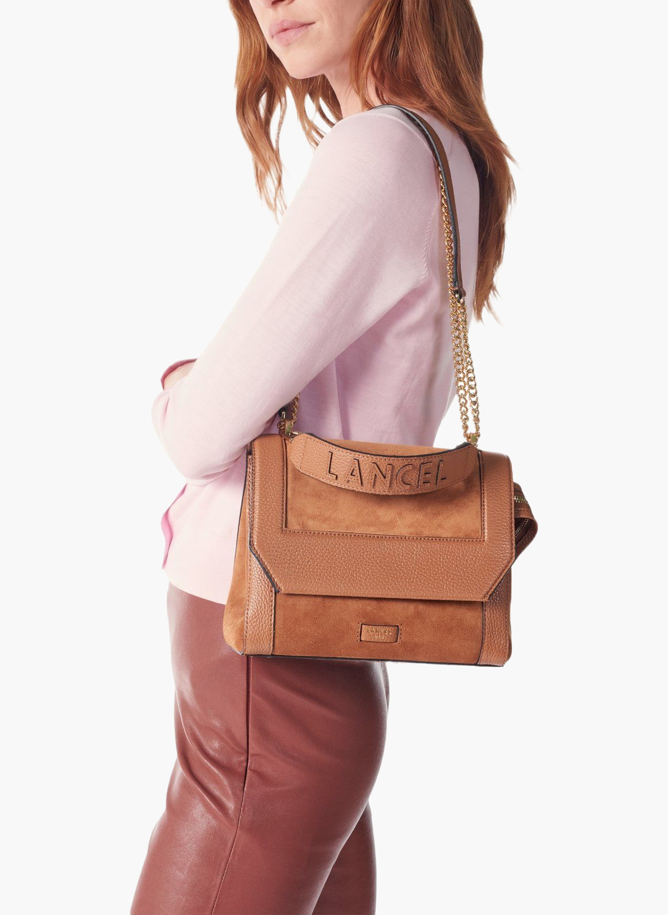 Sac à rabat ninon m de lancel en daim camel et cuir grainé LANCEL Marron
