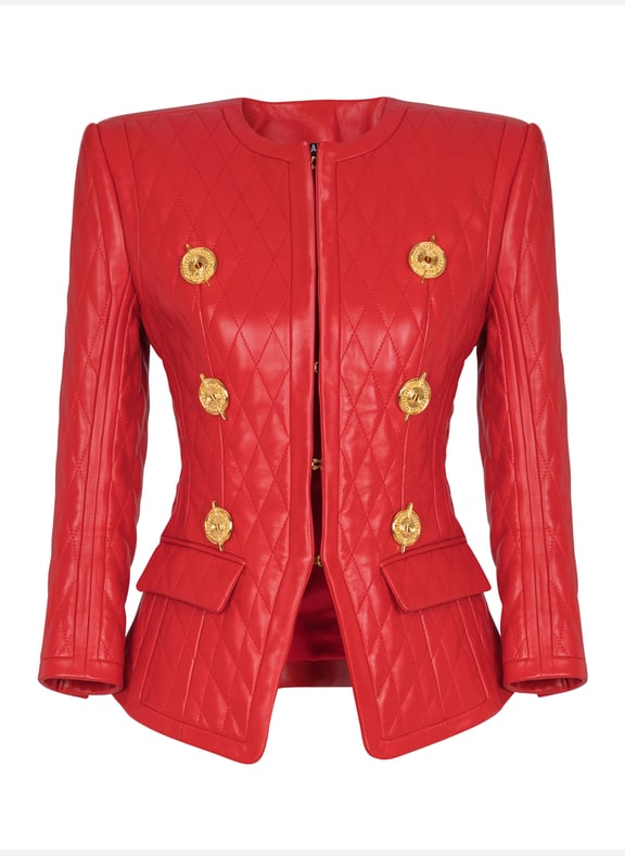Veste bord à bord en cuir d'agneau surpiqué Rouge by BALMAIN BALMAIN Veste bord à bord en cuir d'agneau surpiqué Rouge