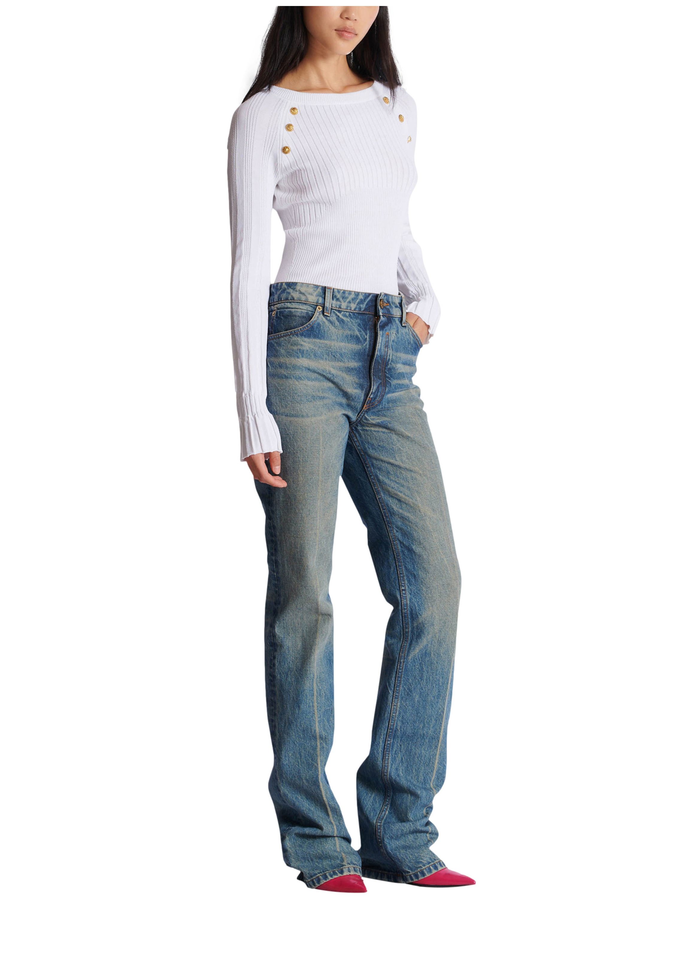 Pantalon en denim droit délavé BALMAIN Bleu