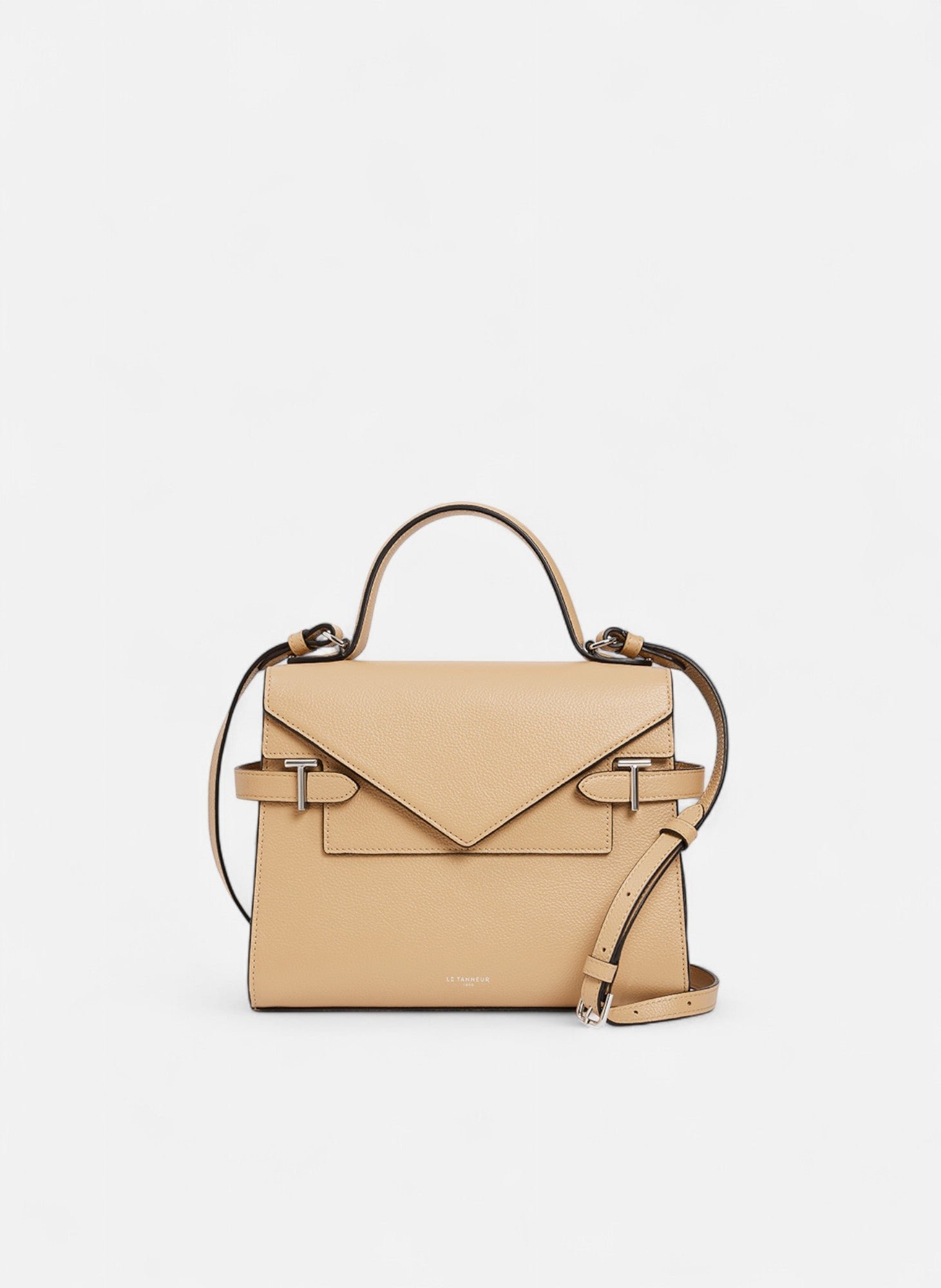 Sac à main double rabat moyen modèle emilie en cuir grainé LE TANNEUR Beige
