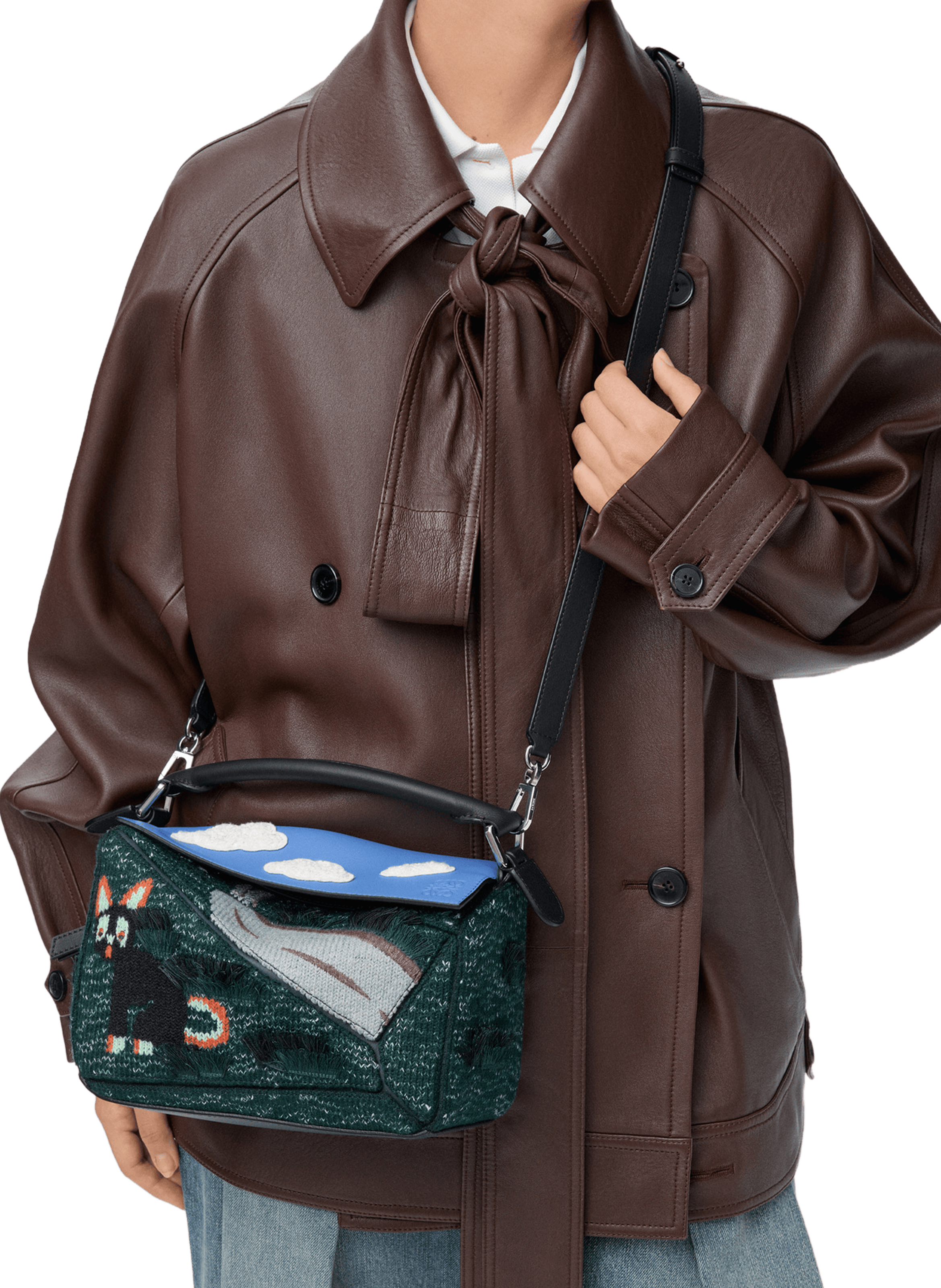 LOEWE x Louis Wain - Petit sac Puzzle Futurist Cat en maille brodée et cuir de veau LOEWE Multicolore