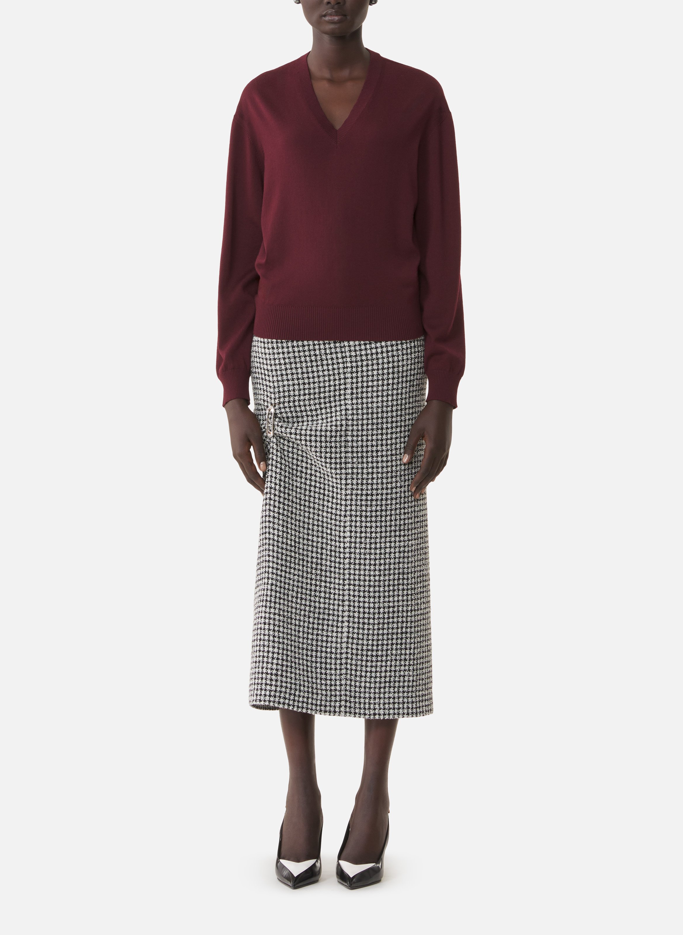 Pull col v détail gros grain en mérinos LANVIN Rouge
