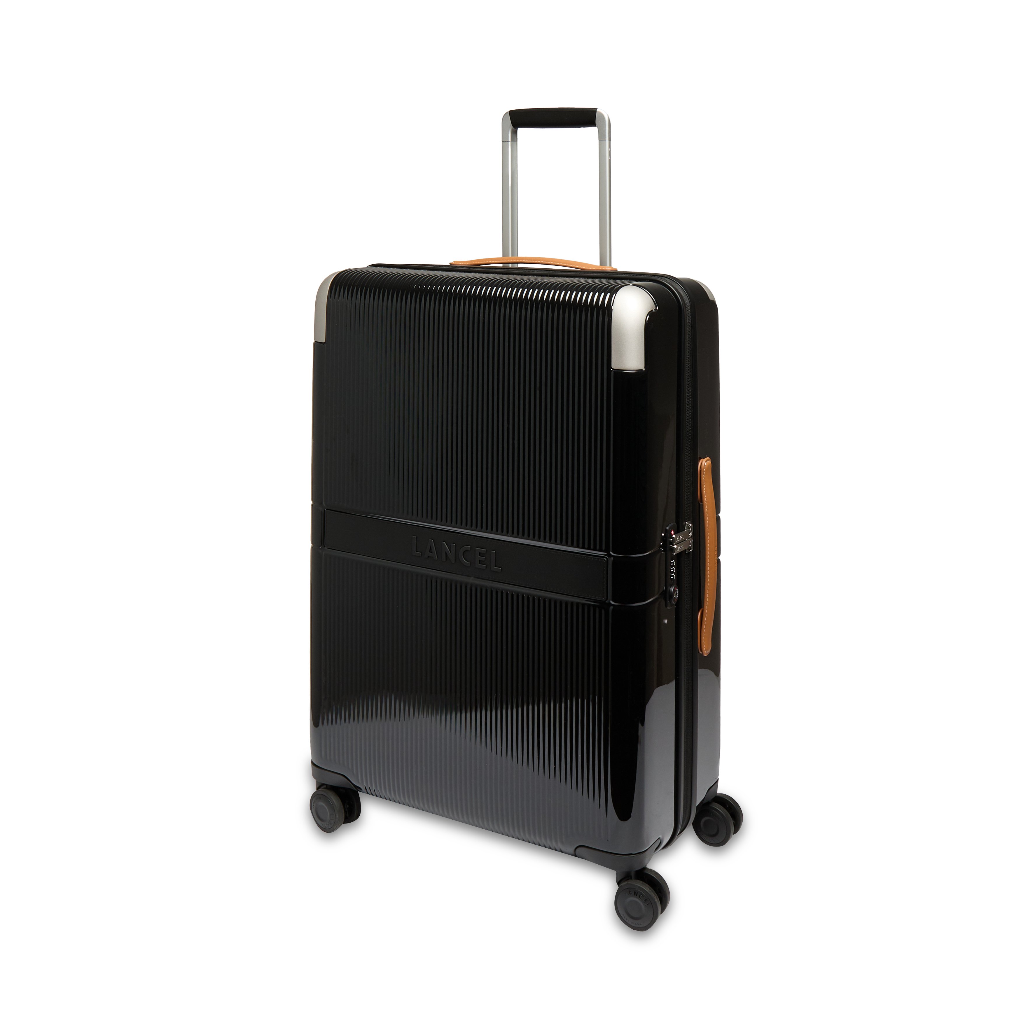 Valise rigide moyenne à 4 roues, en polycarbonate recyclé, avec détails en cuir. LANCEL Noir