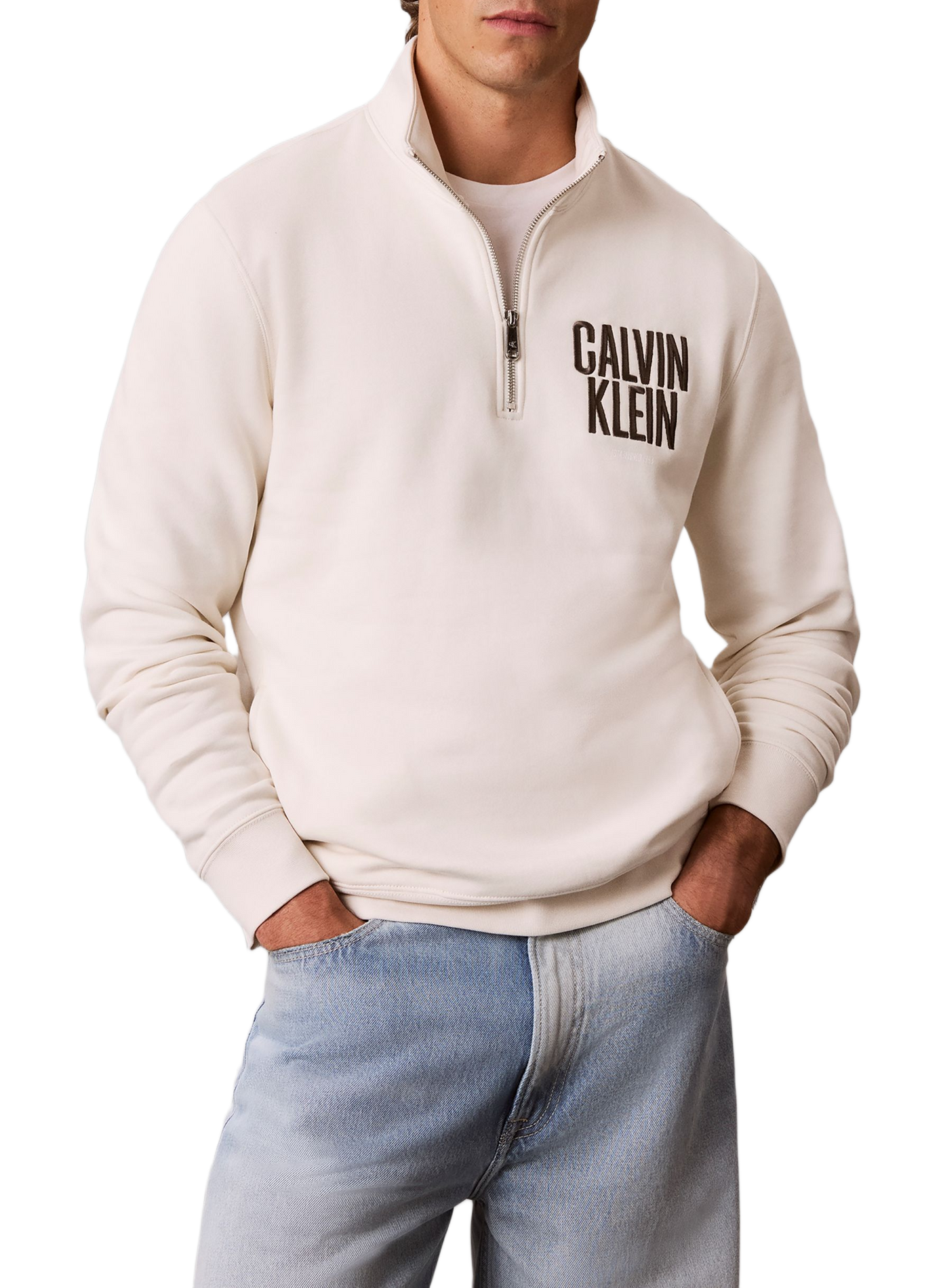 Pull droit à col montant zippé en coton mélangé CALVIN KLEIN Beige