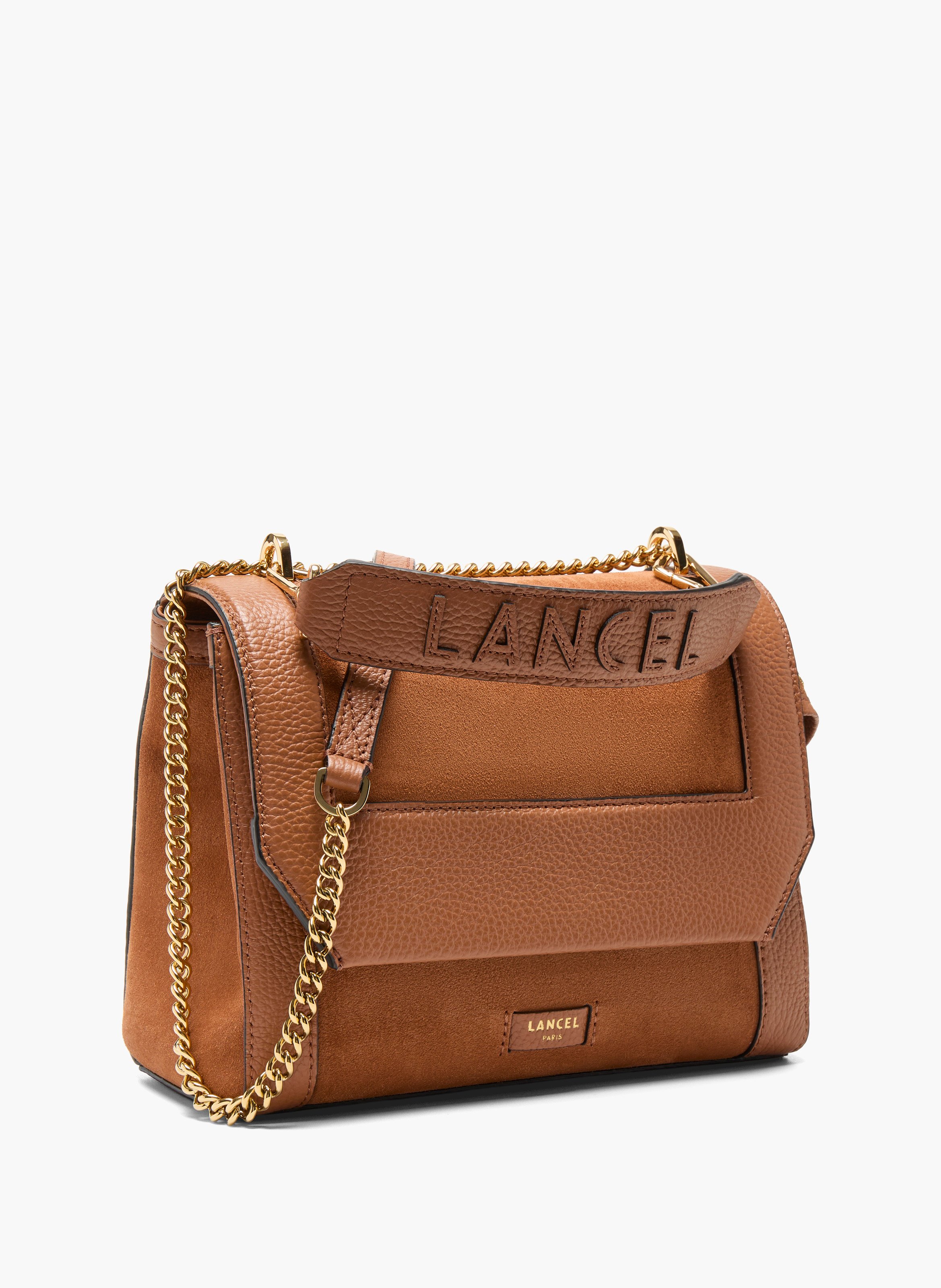 Sac à rabat ninon m de lancel en daim camel et cuir grainé LANCEL Marron