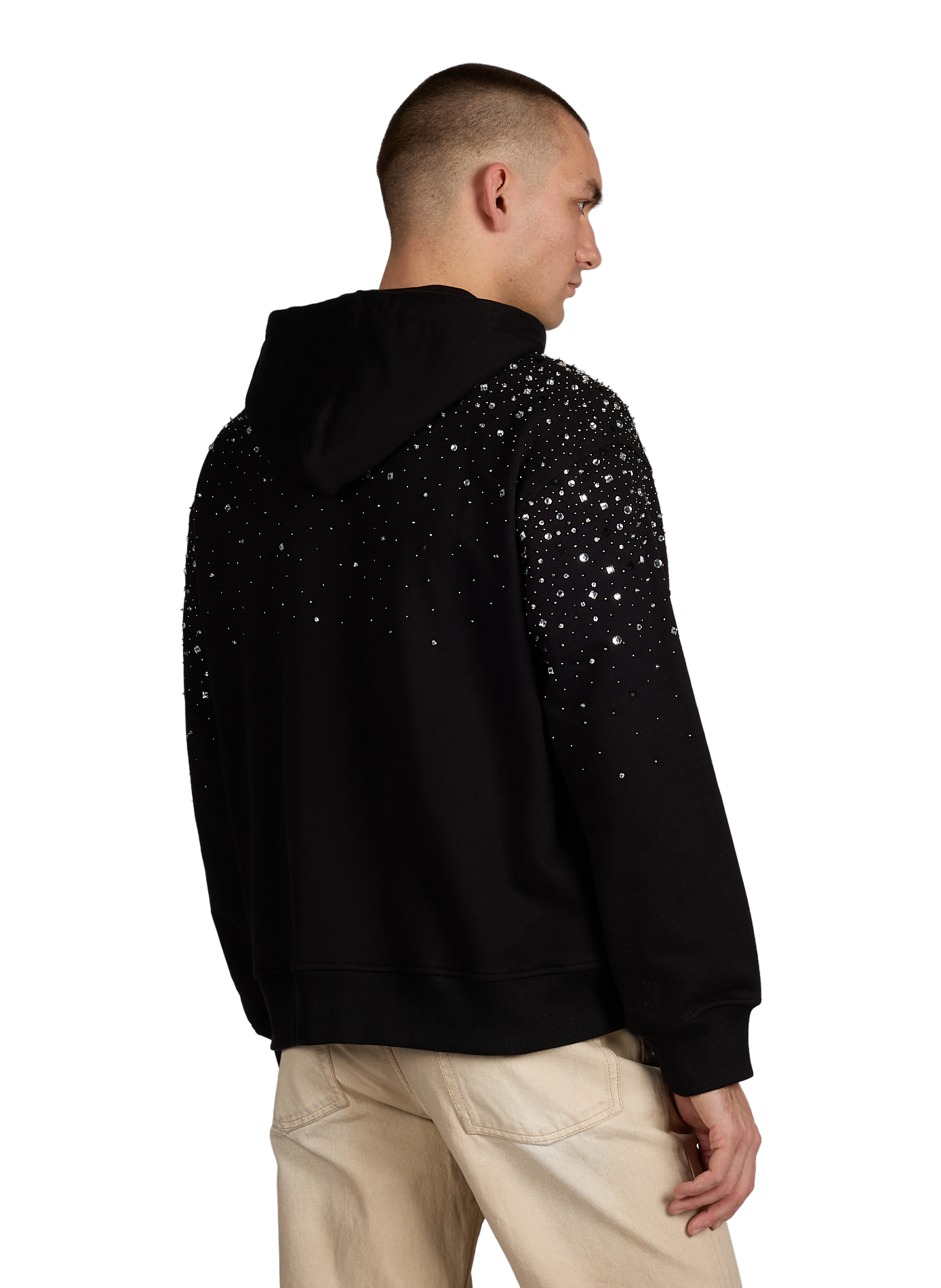 Straight zip-up hoodie with rhinestones in cotton BENJAMIN BENMOYAL Black