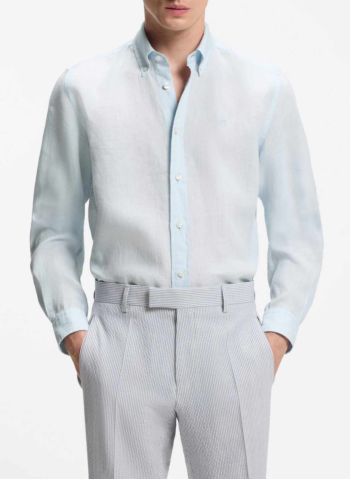 Chemise en lin col classique BOSS Bleu