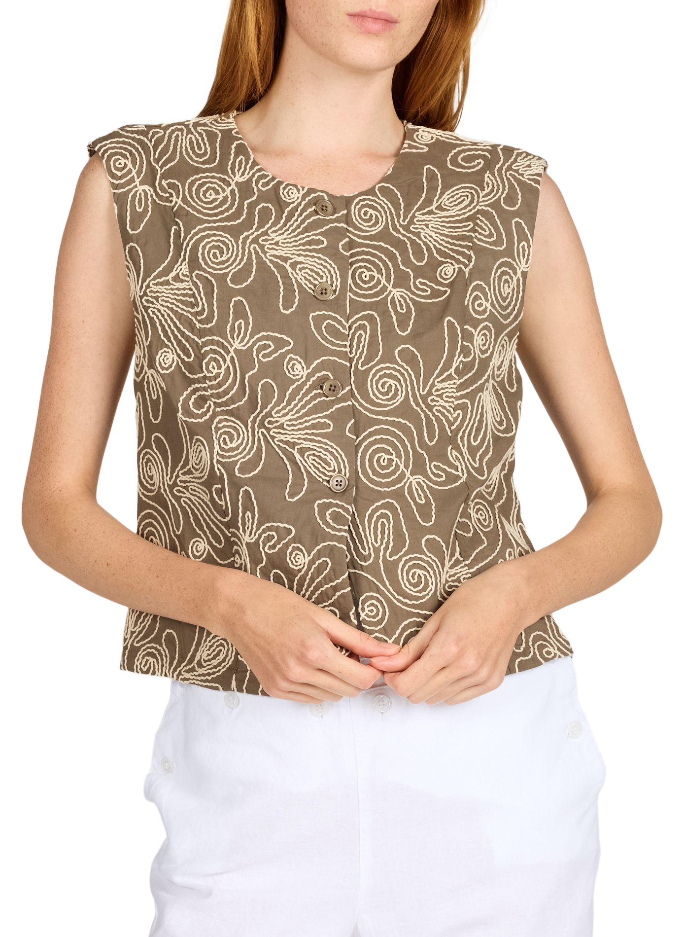 Veste sans manches brodée en coton OBJECT Marron