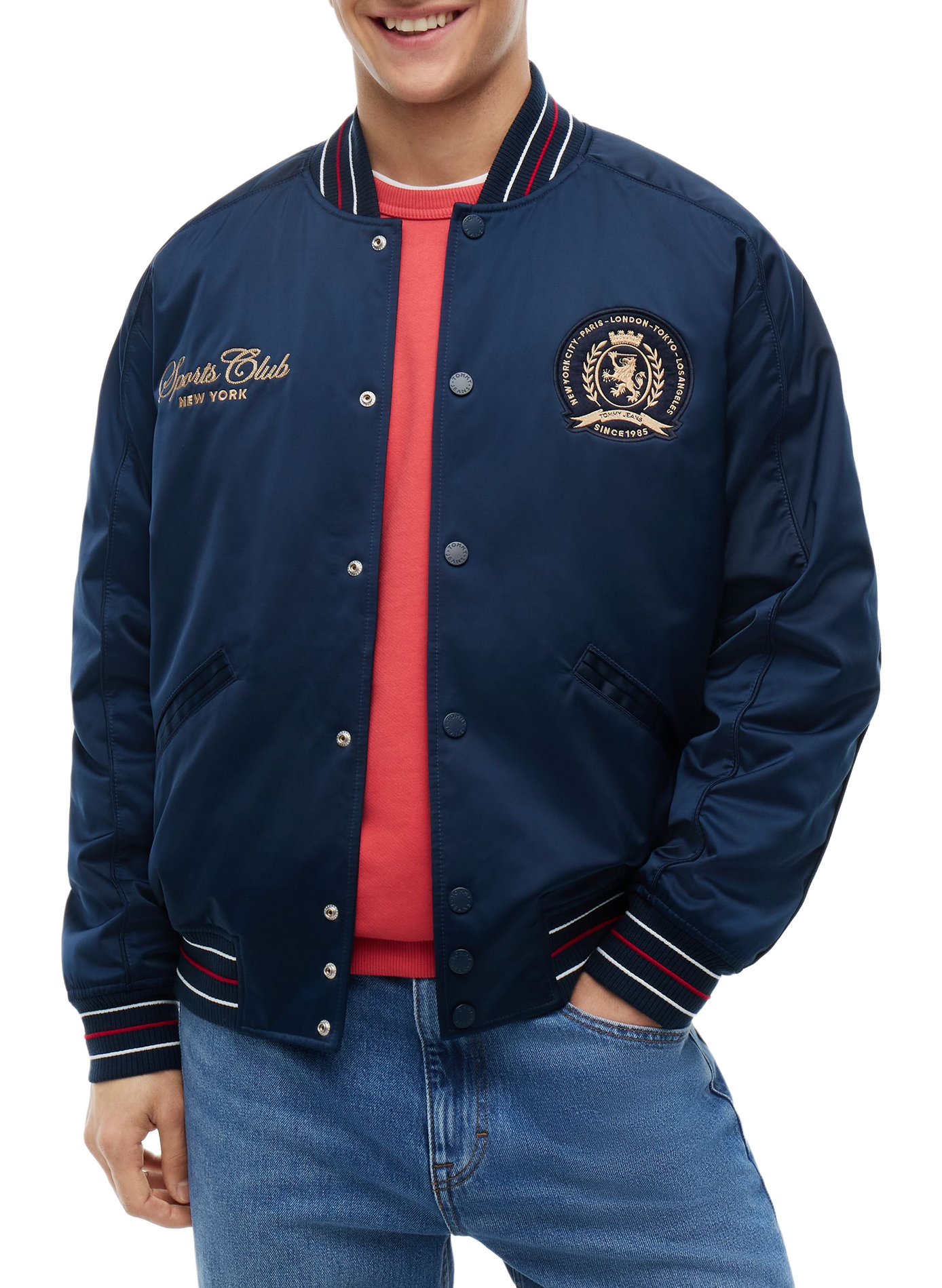 Geborduurde bomberjack met ronde hals TOMMY HILFIGER Blauw