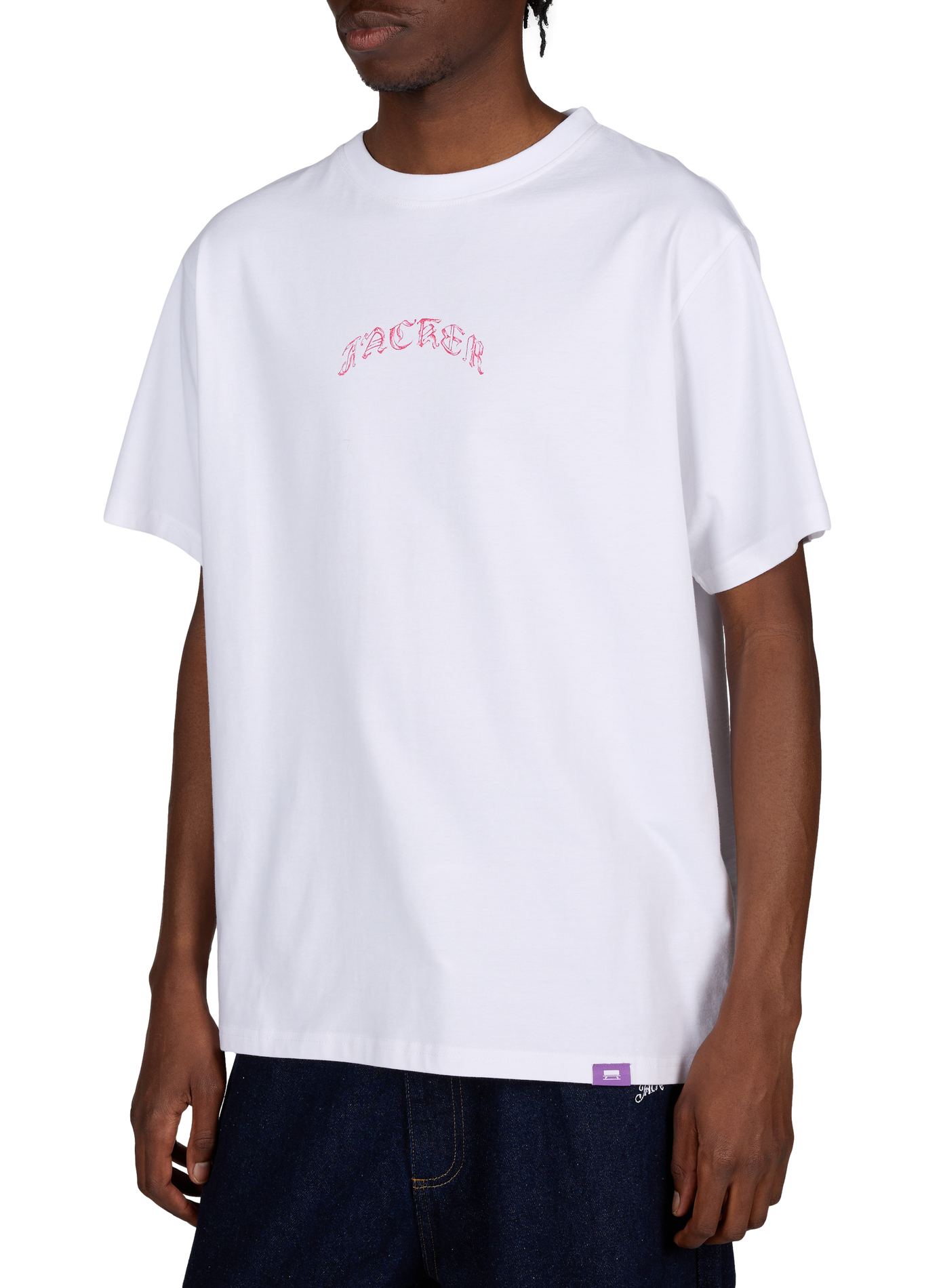 T-shirt col rond droit imprimé JACKER. Blanc