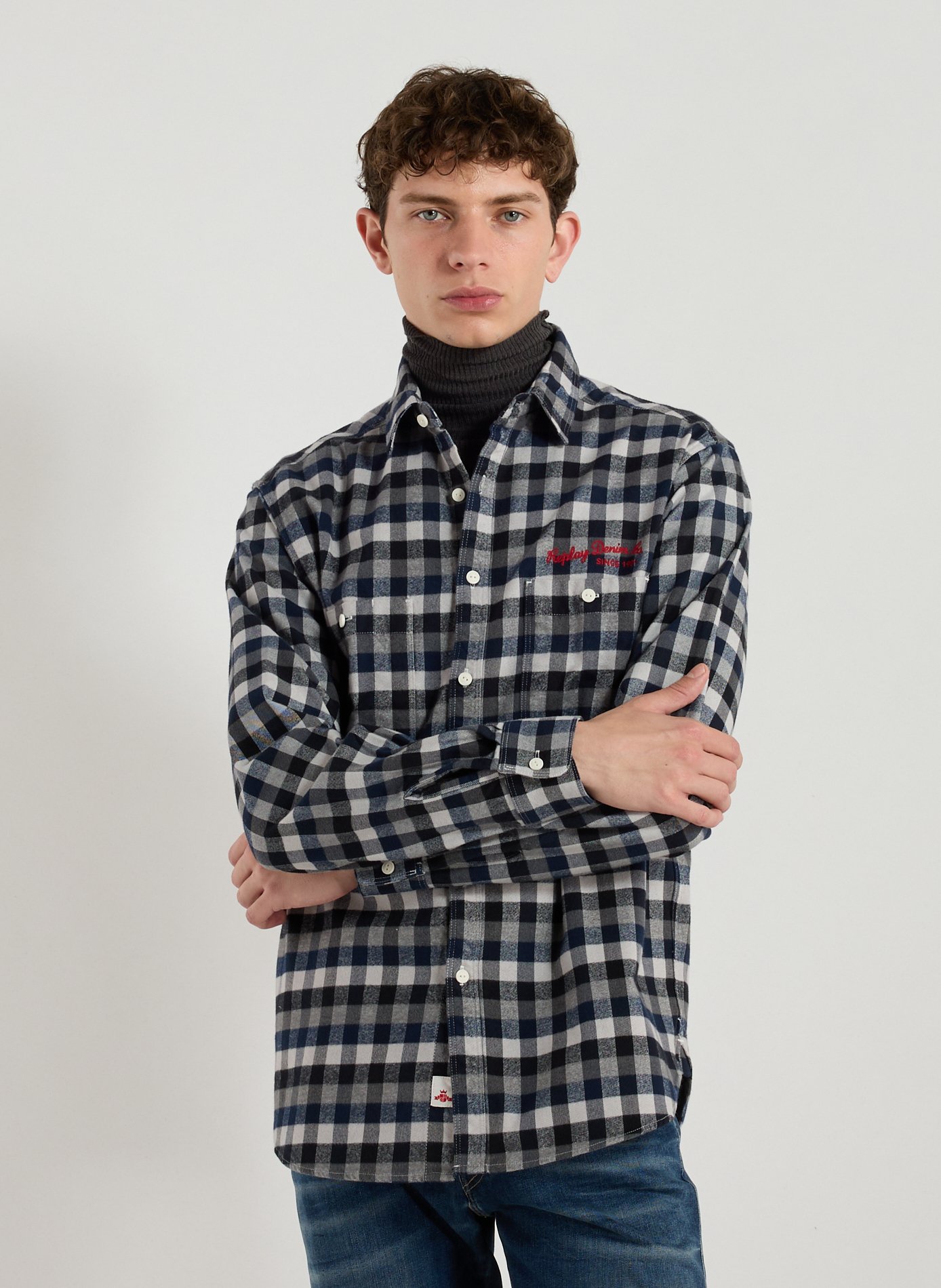 REPLAY Chemise col classique à carreaux en coton Bleu