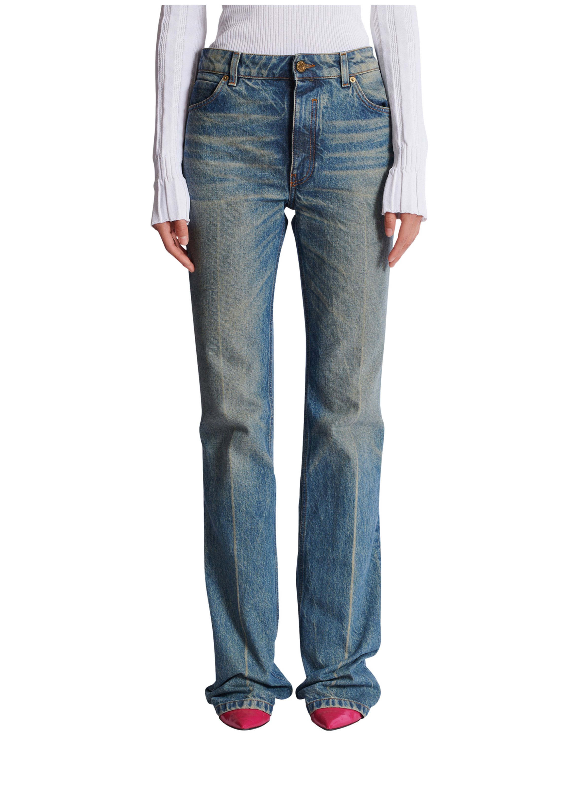 Pantalon en denim droit délavé BALMAIN Bleu