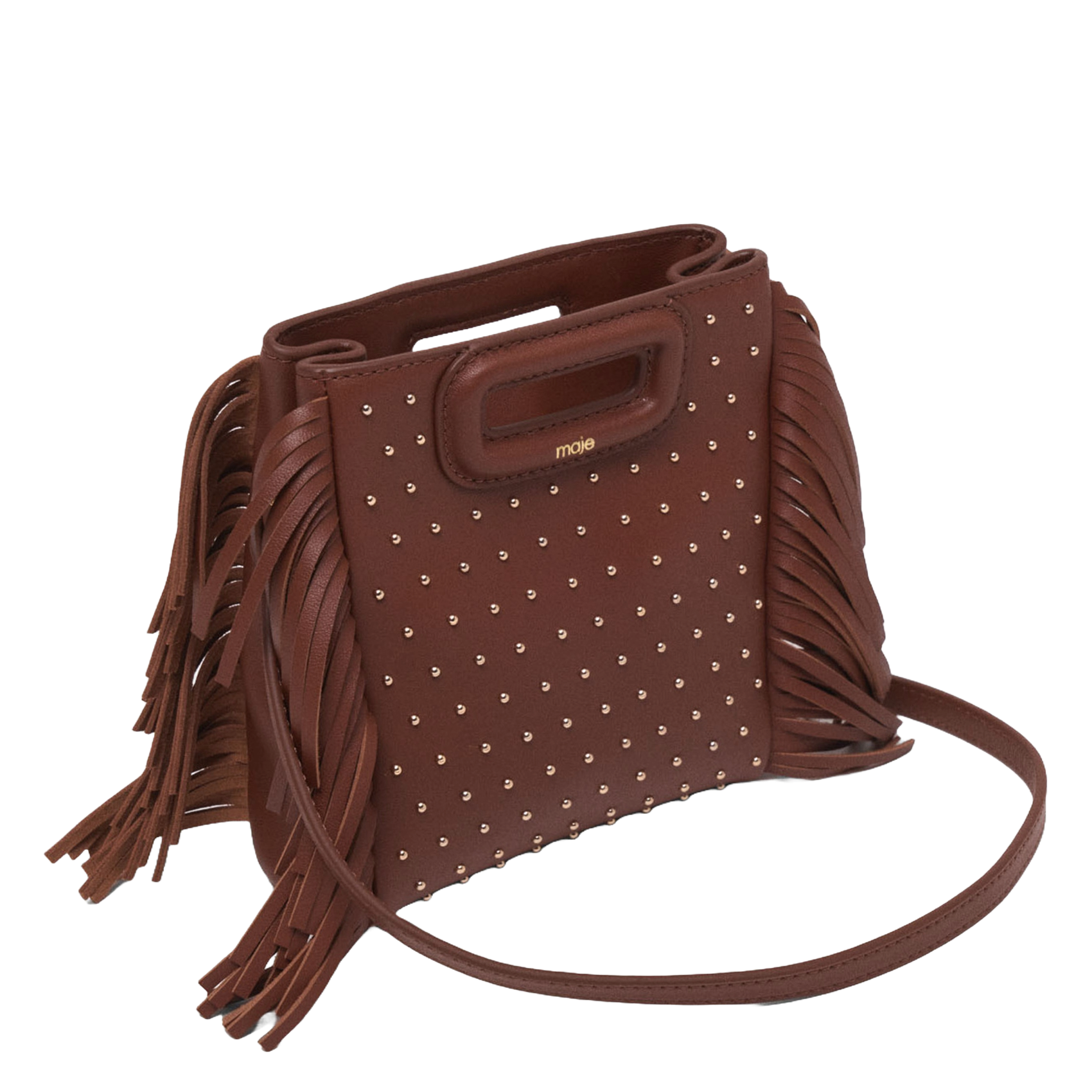 Sac en cuir à franges et studs m mini MAJE Marron