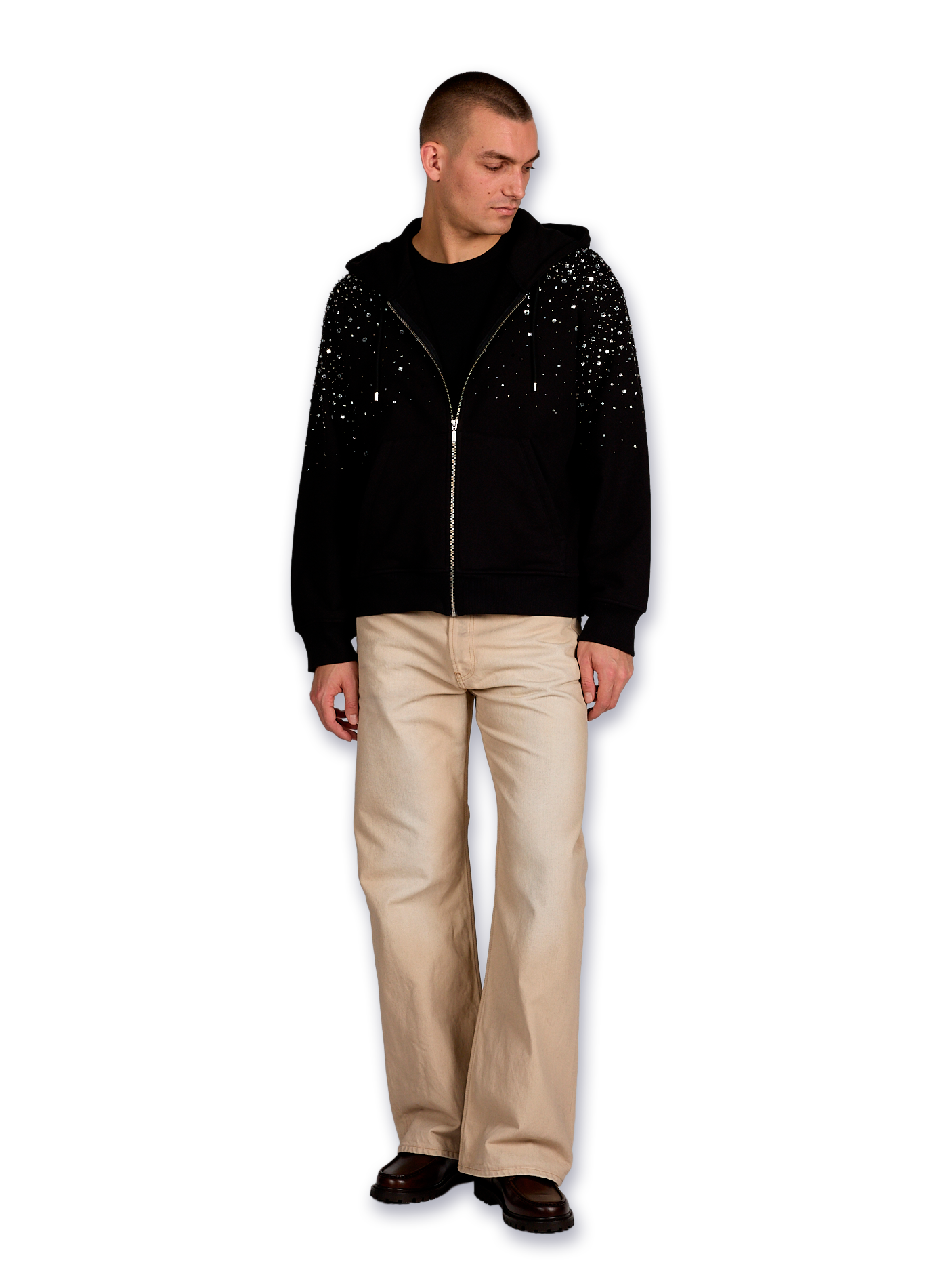 Straight zip-up hoodie with rhinestones in cotton BENJAMIN BENMOYAL Black
