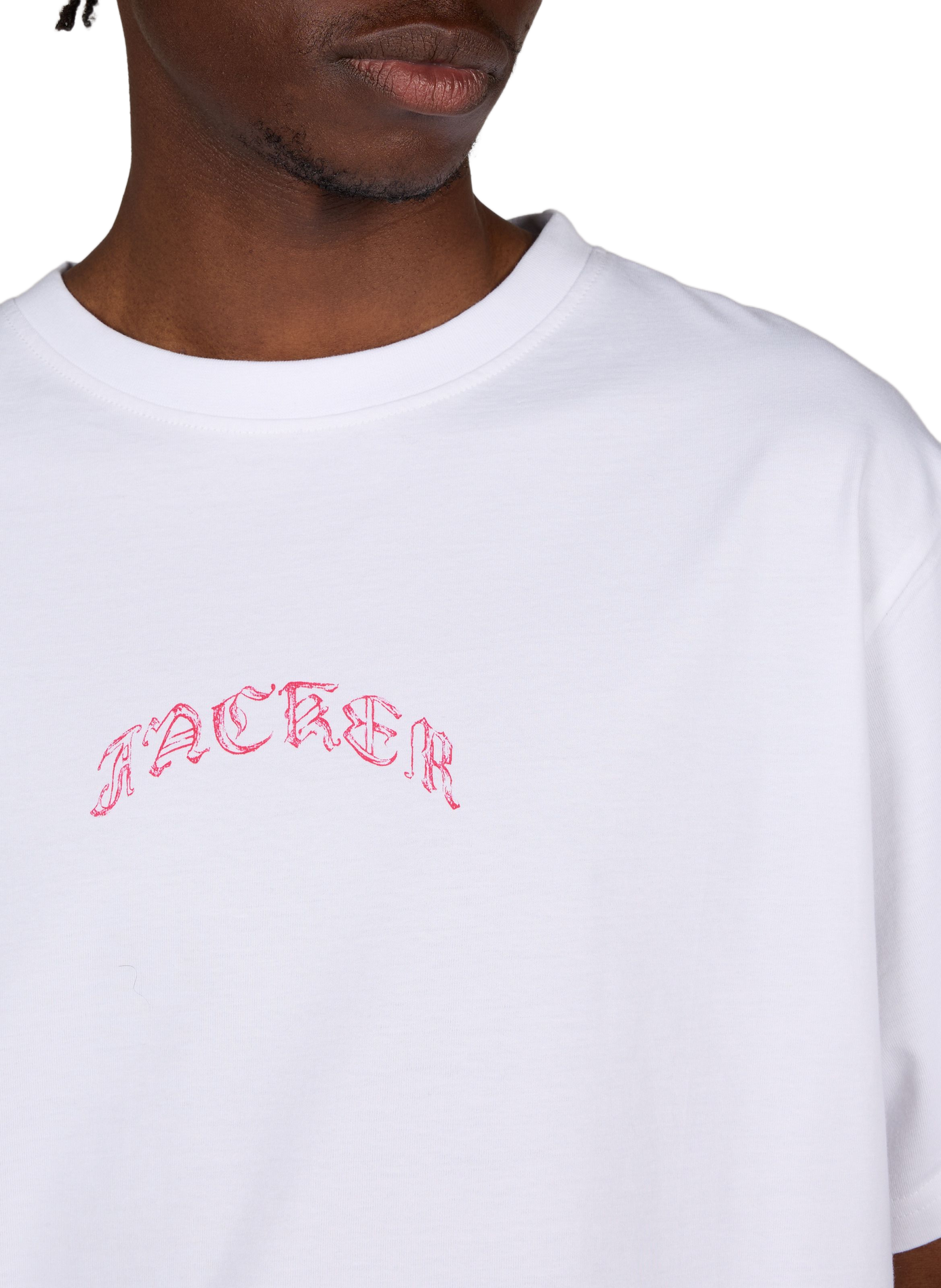 T-shirt col rond droit imprimé JACKER. Blanc