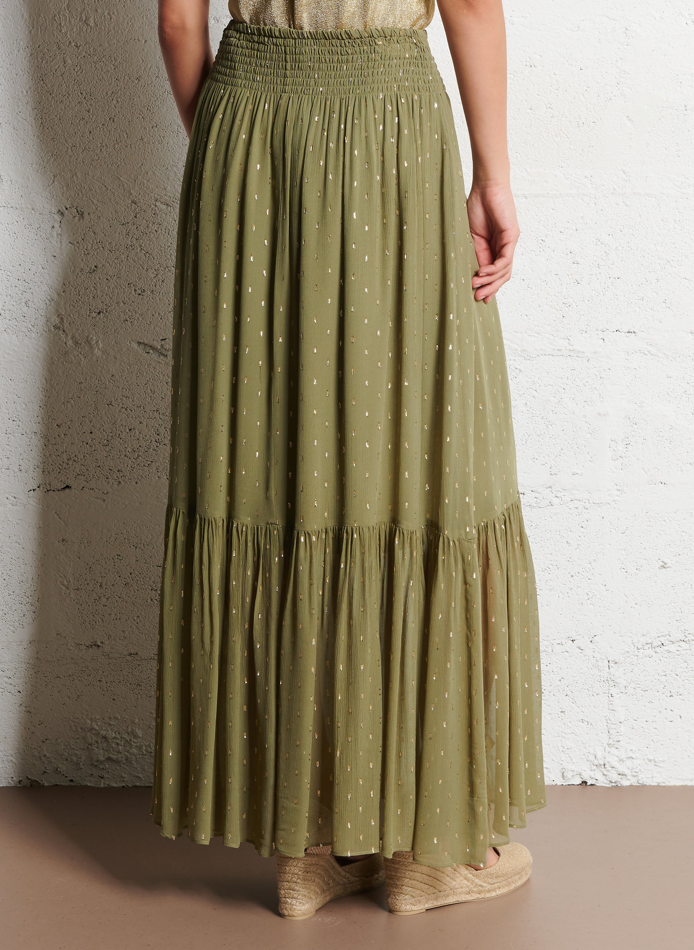 Jupe longue évasée à motifs brillants magda BA&SH Kaki